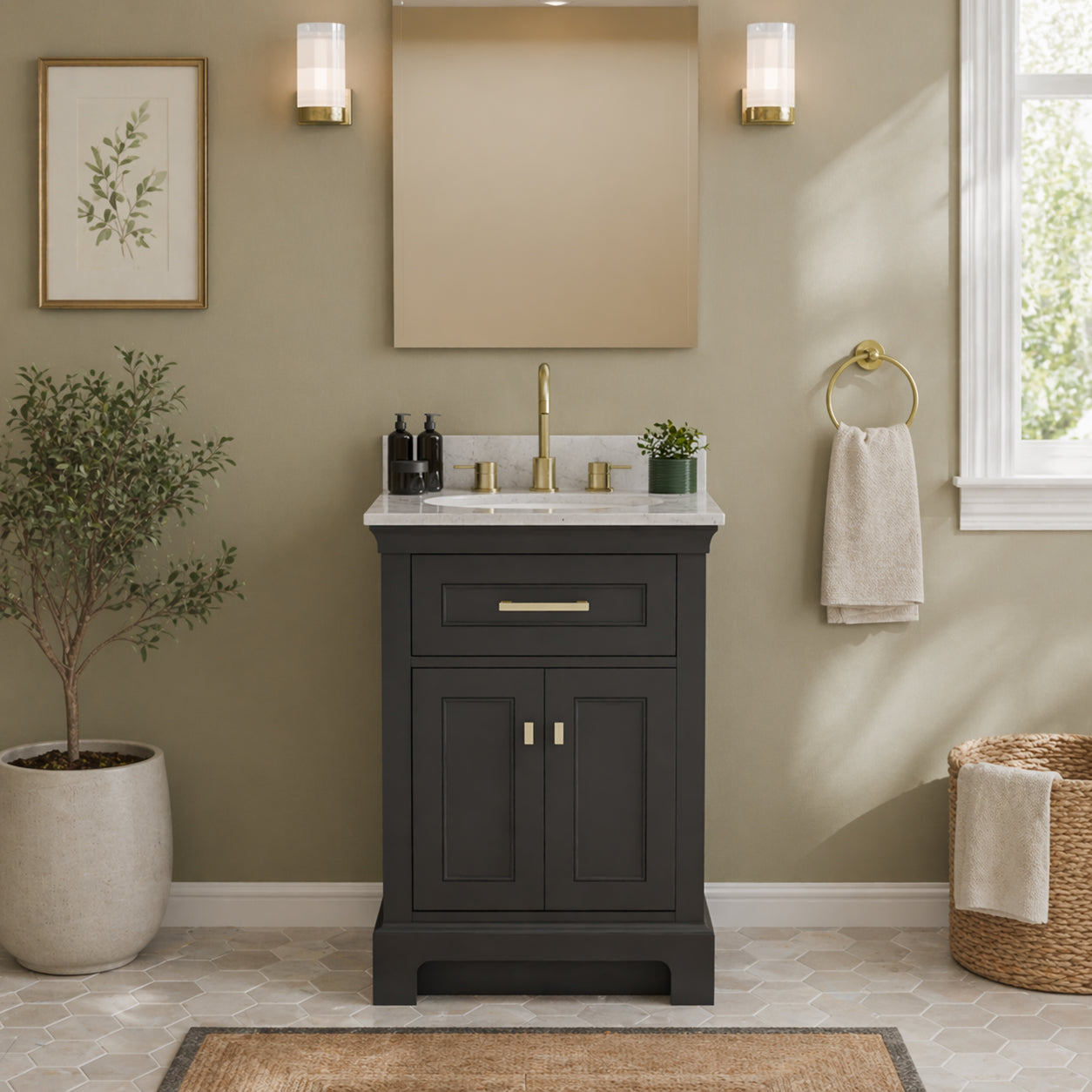 Bronson 24 Inch Vanity Base - Ferrous Grey | Alternative Image 01 | finish:Ferrous Grey | countertop finish:White Carrara Marble | sink style:Oval Undermount