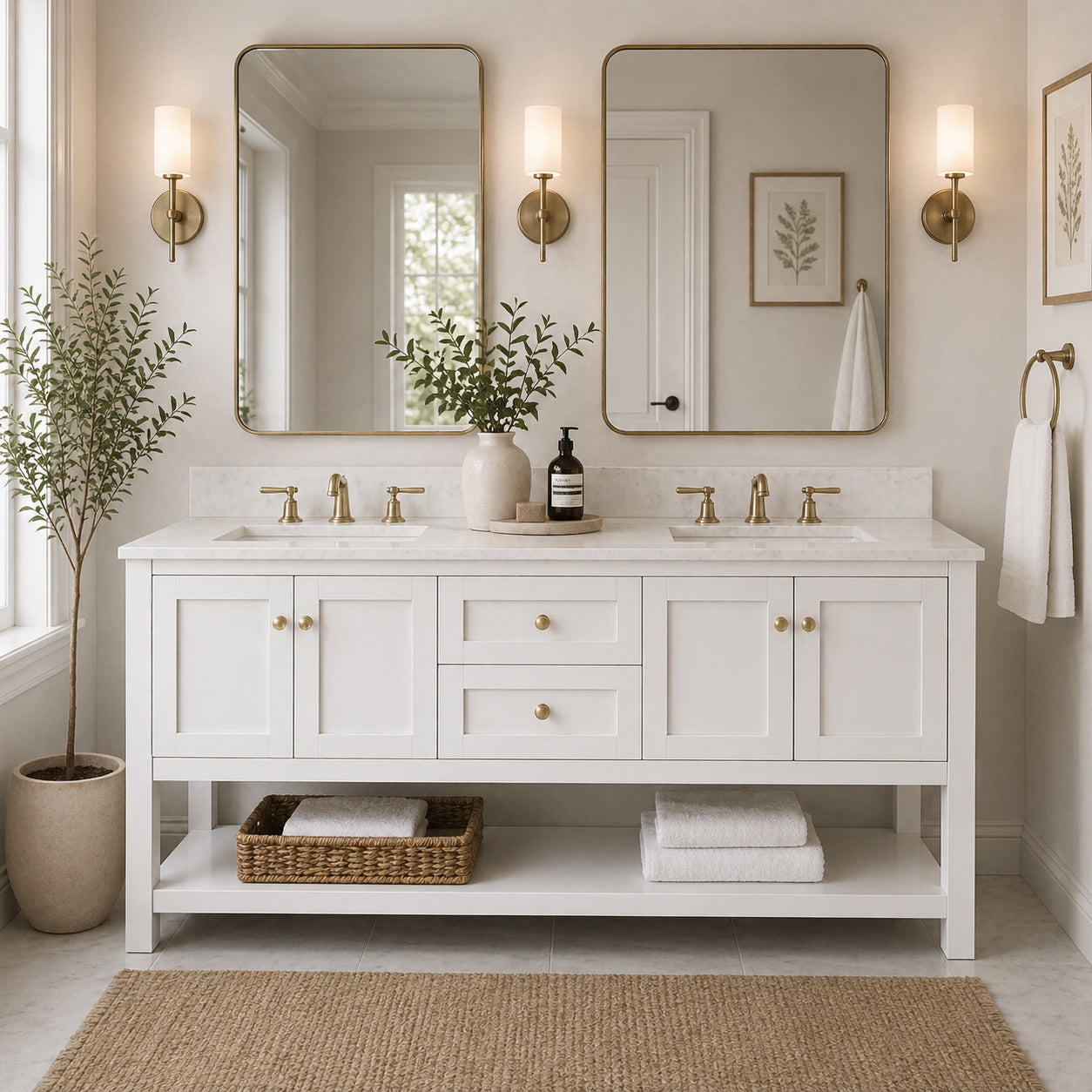Carlow 48 Inch Modern Console Vanity-White-White Quartz / Rectangle Sink | Alternative Image 01 | countertop finish:White Quartz | sink installation type:Rectangle Sink | faucet centers:8"
