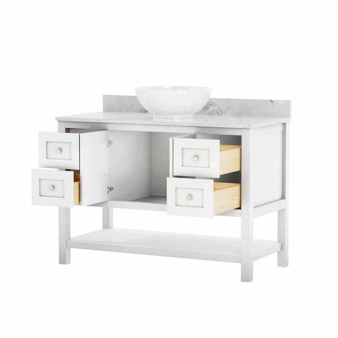 Carlow 48 Inch Modern Console Vanity-White-White Carrara Marble / Vessel Sink | Alternative Image 02 | countertop finish:White Carrara Marble | sink installation type:Vessel Sink | faucet centers:Single Hole