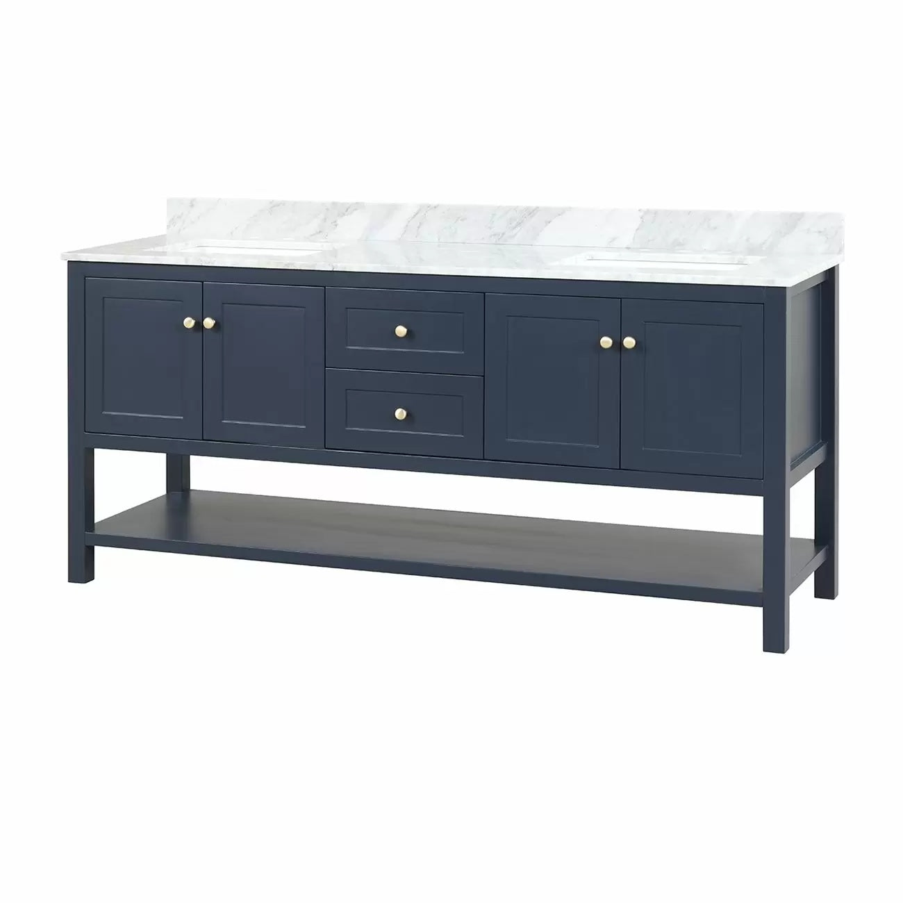 Carlow 72 Inch Modern Console Vanity-Navy Blue-White Carrara Marble / Rectangle Sink | Alternative Image 01 | countertop finish:White Carrera Marble | sink installation type:Rectangle Undermount | faucet centers:8"