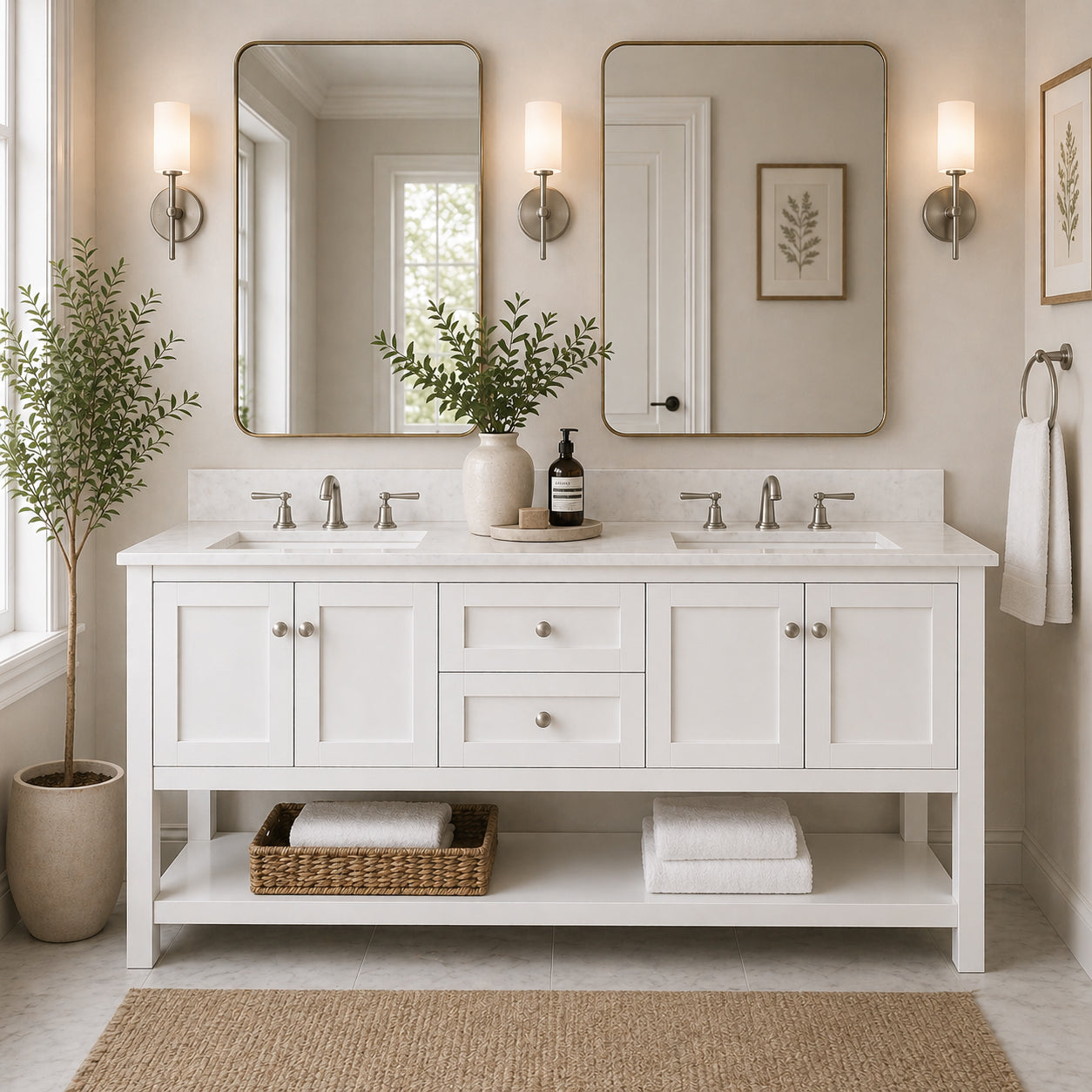 Carlow 72 Inch Modern Console Vanity-White-White Quartz / Rectangle Sink | Alternative Image 01 | countertop finish:White Quartz | sink installation type:Rectangle Undermount | faucet centers:8"