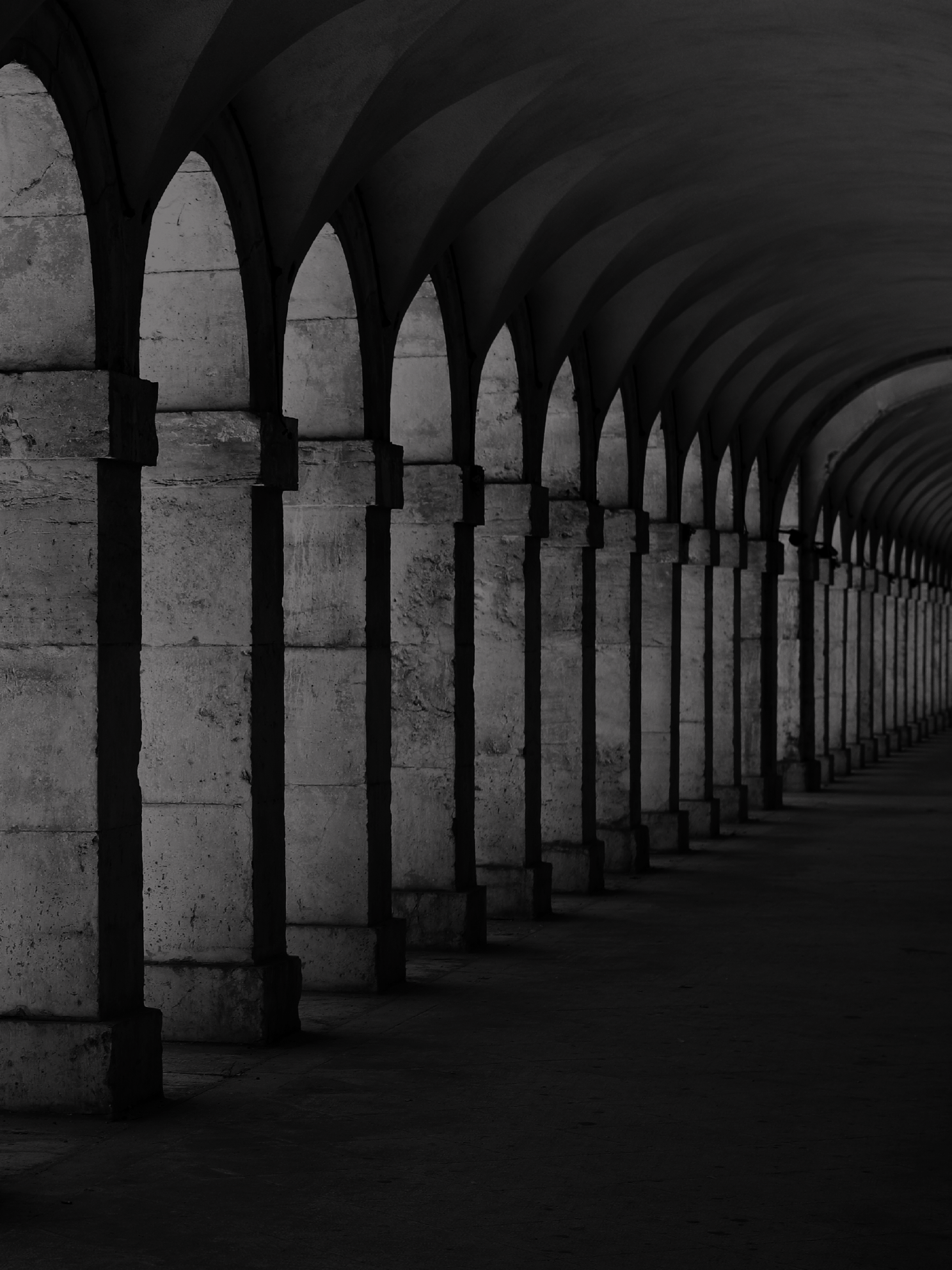 Long stone archway corridor with a dark, moody atmosphere
