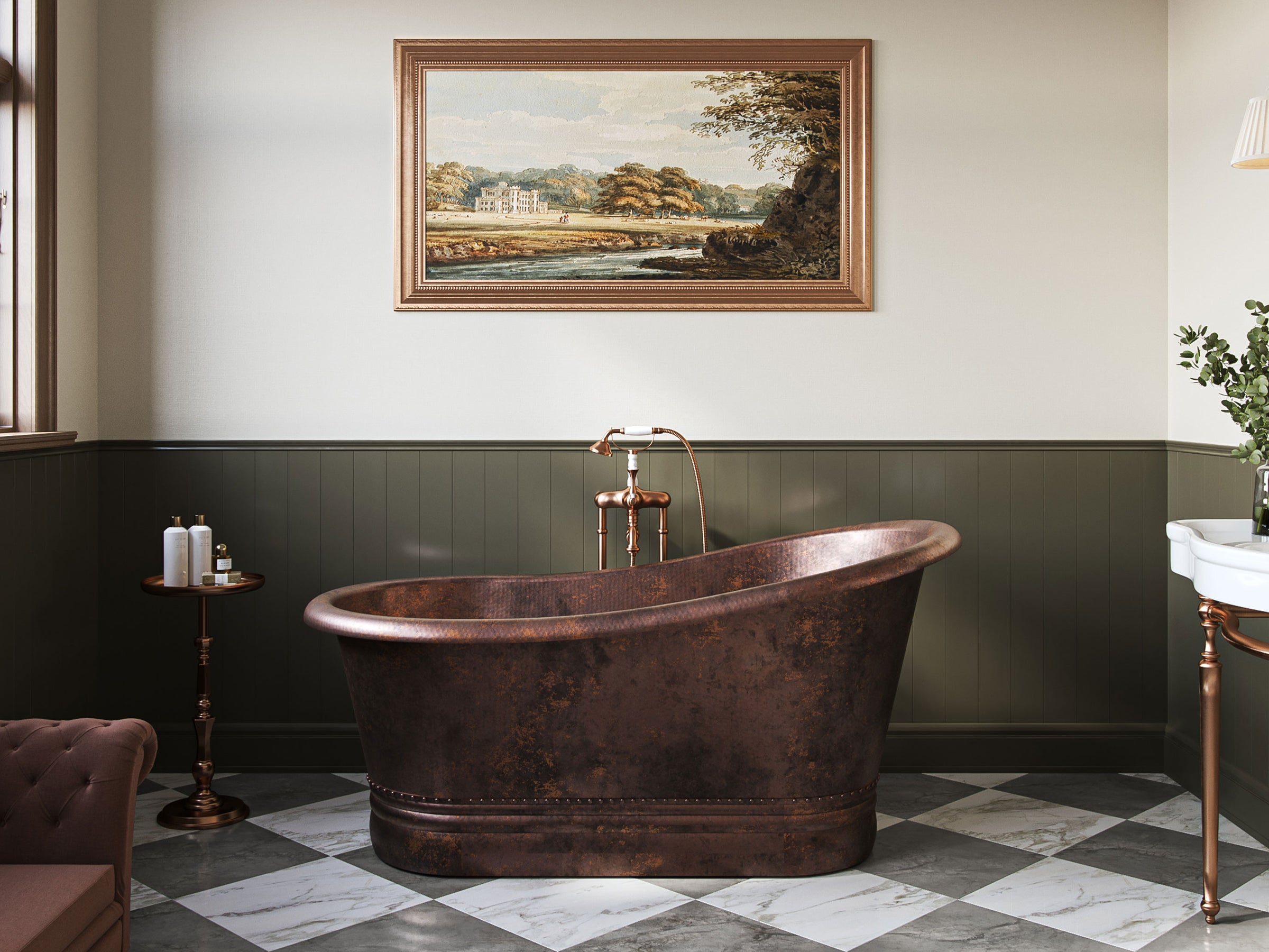 Vintage copper bathtub in a bathroom with a painting on the wall.