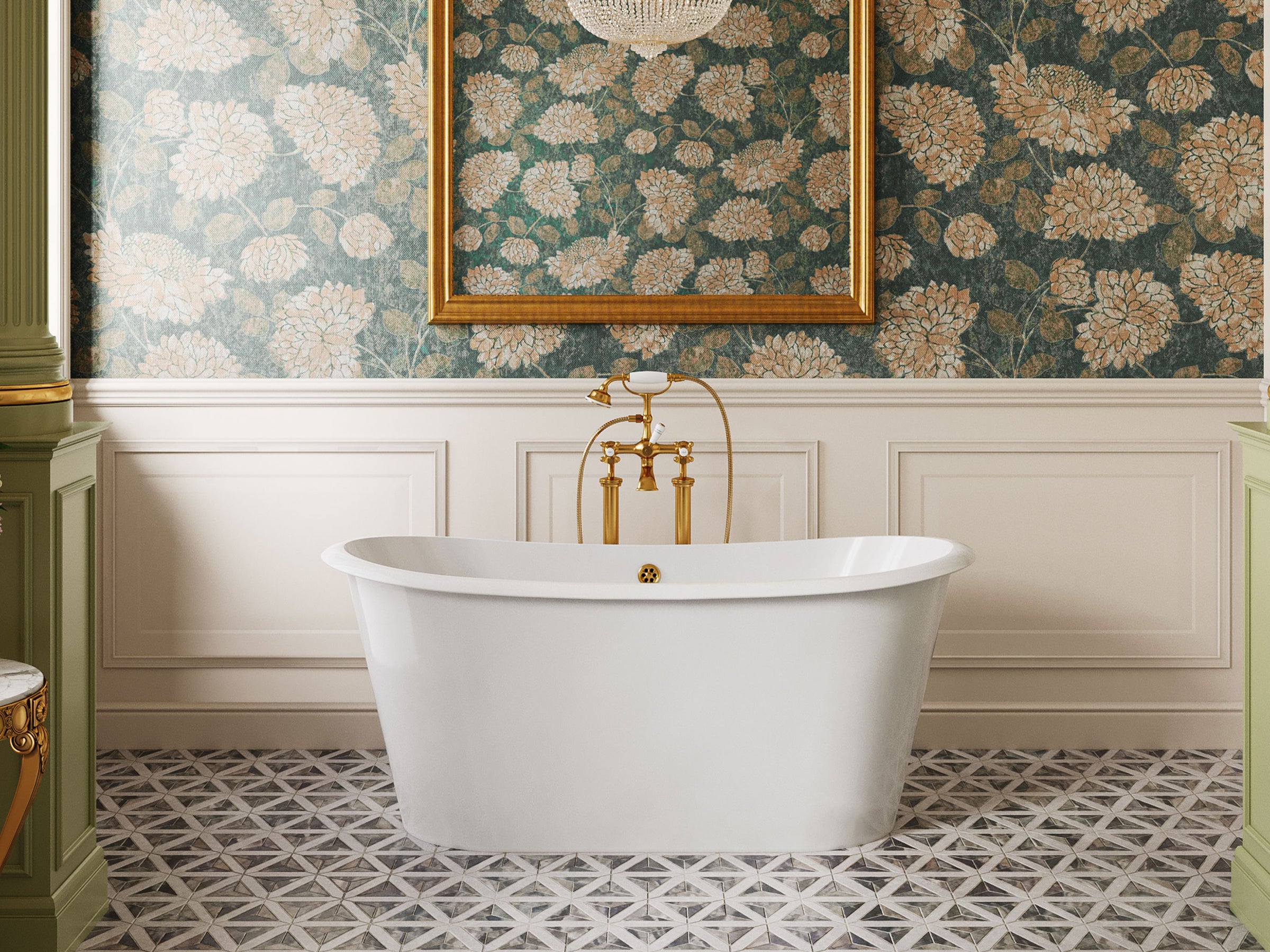 White freestanding bathtub with gold fixtures against a floral wallpapered wall.