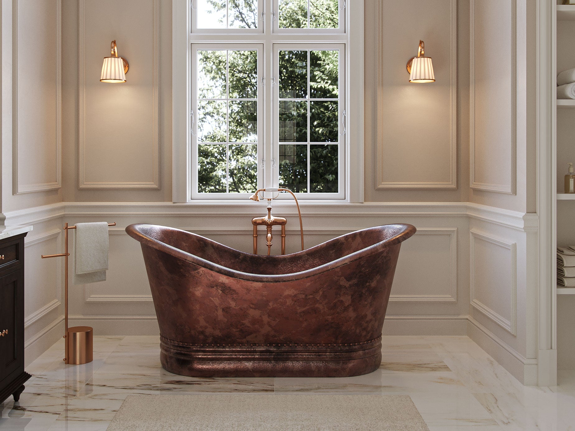 Copper bathtub in a bathroom with large window and wall sconces