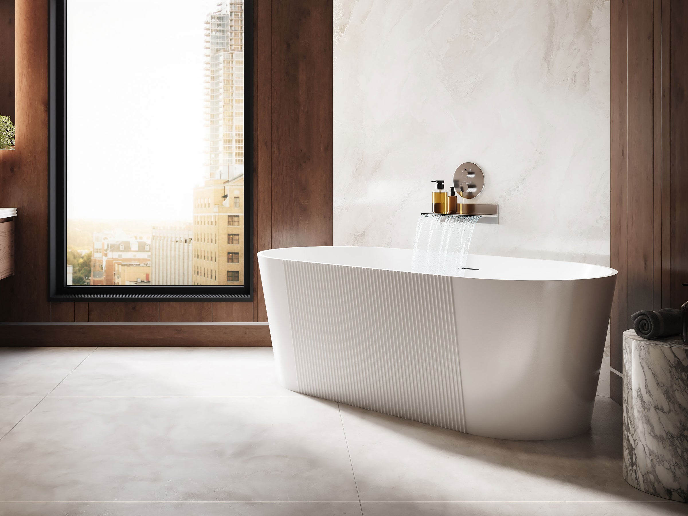 Modern freestanding bathtub in a stylish bathroom with large window.