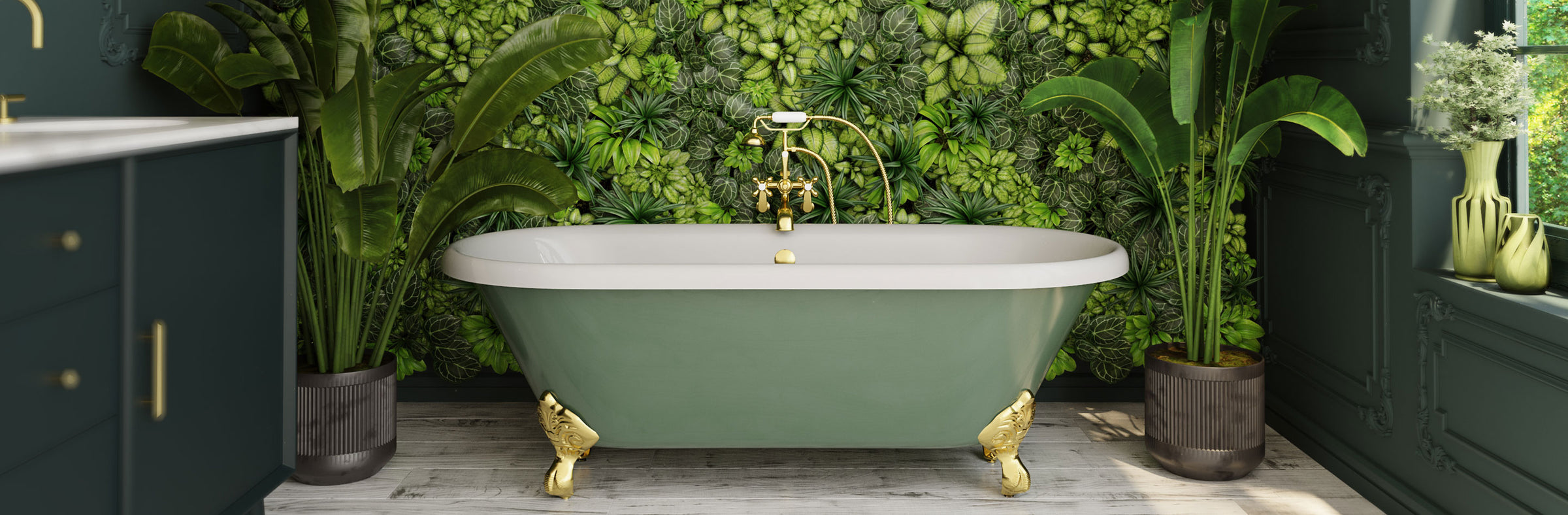 Red freestanding bathtub in a modern bathroom with large windows and greenery outside.