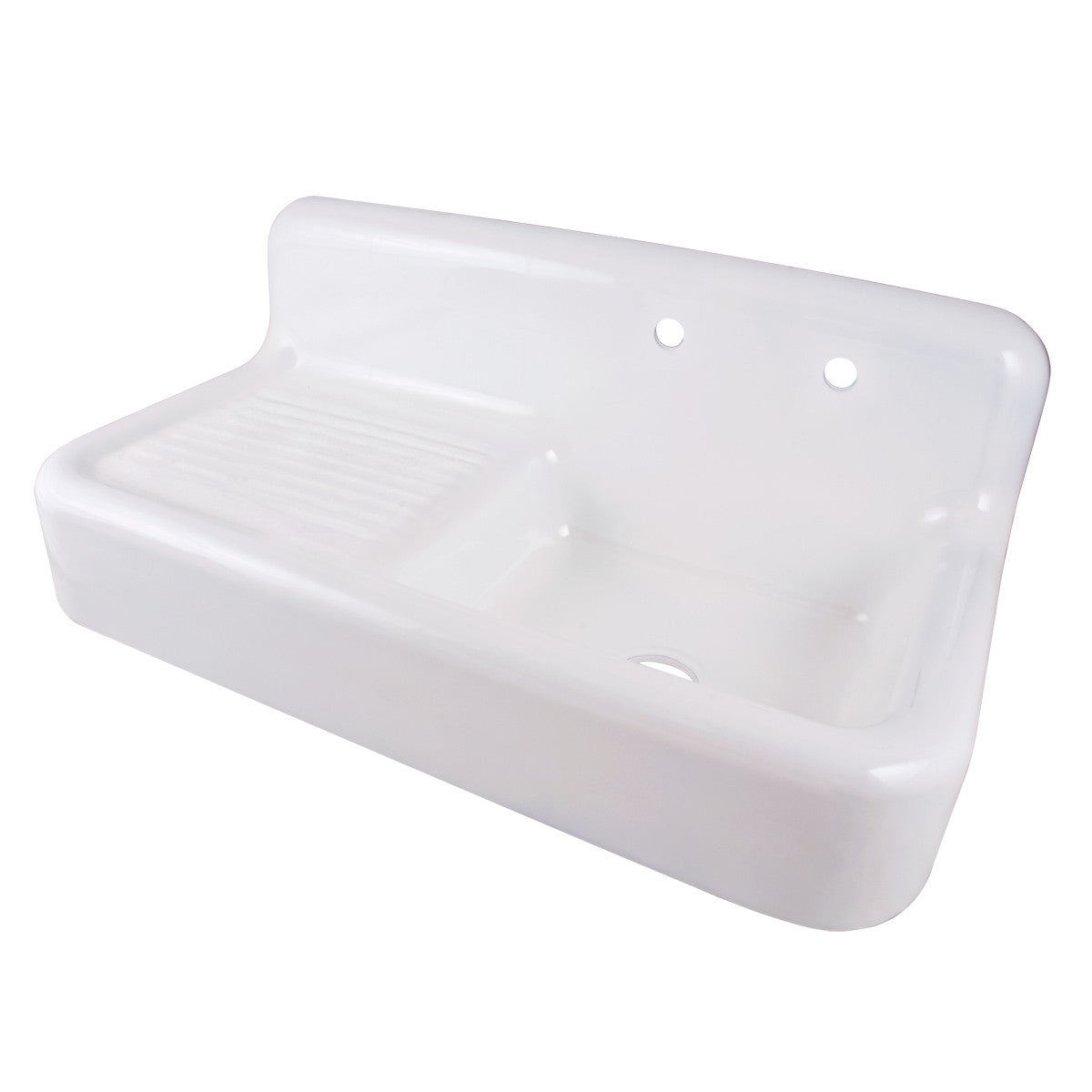 42 Inch Cast Iron Farmhouse Sink With Drainboard - 8 Inch Faucet Drillings - Right Hand Drain - White | Alternative Image 02 | drain location:Right