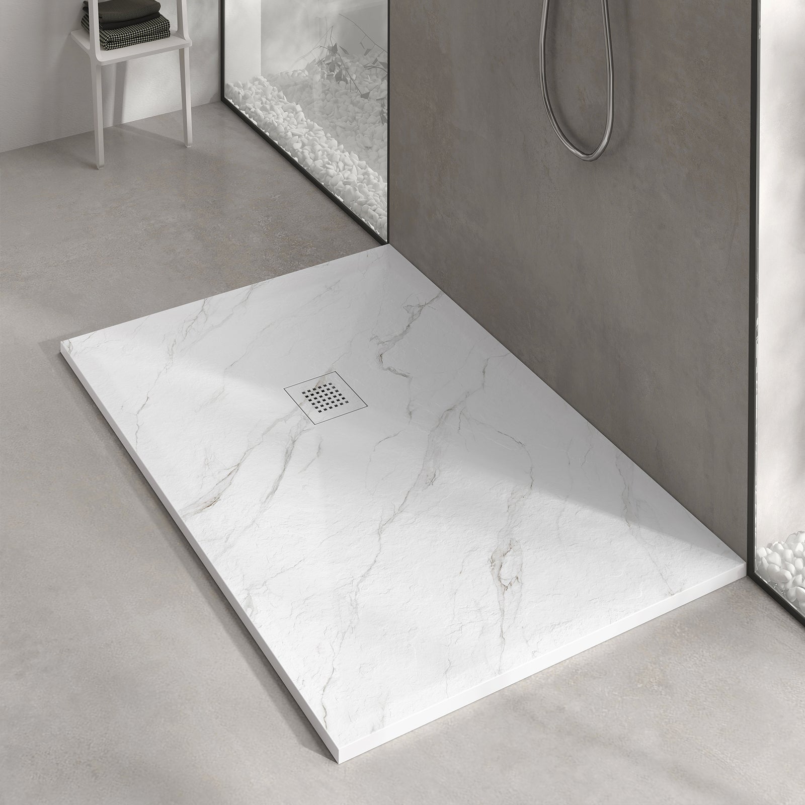 Carrara Marble 48x32 Stone Shower Pan | Alternative Image 01 | size:48 x 32