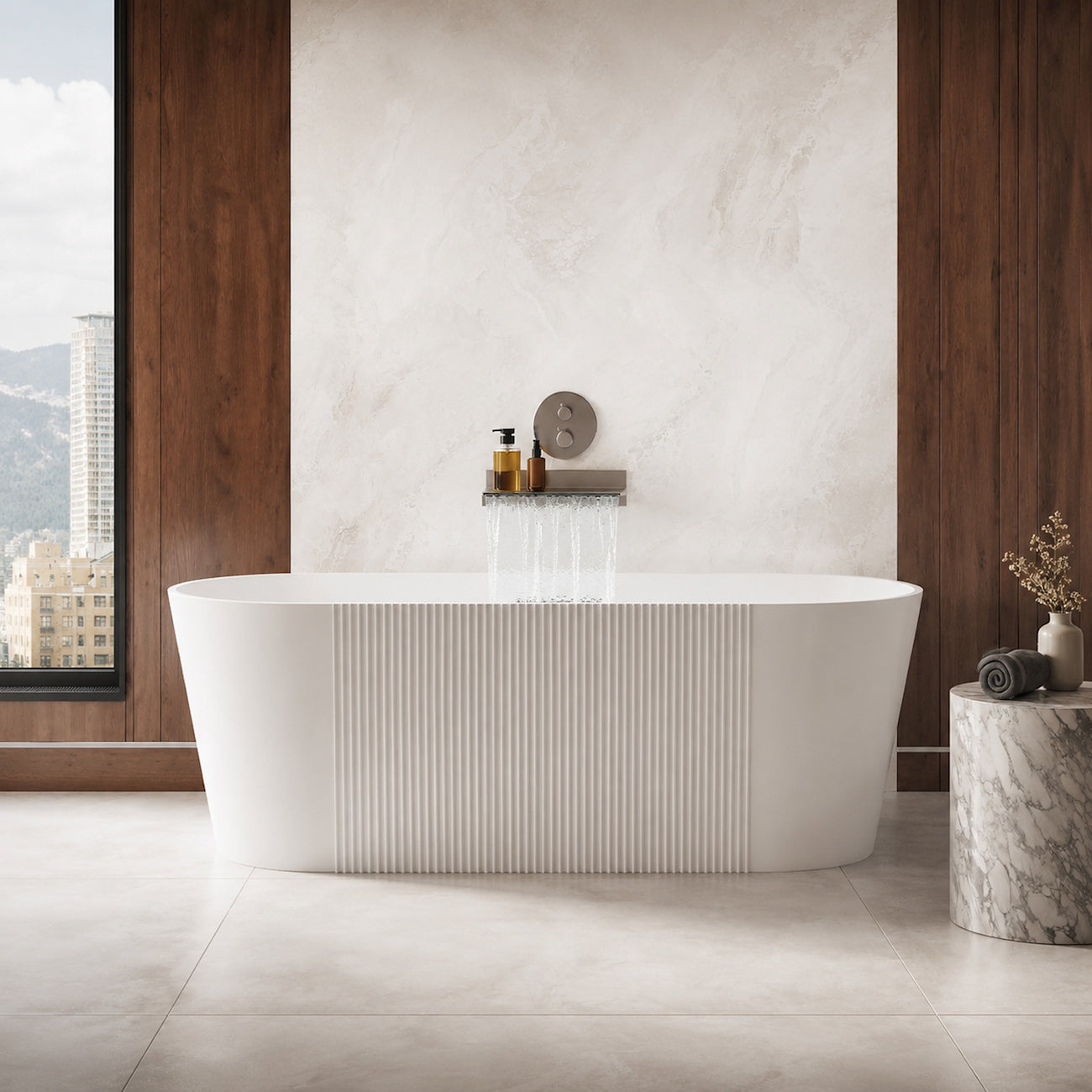 Elowen 67-Inch Acrylic Partial Fluted Soaking Bathtub | Alternative Image 01 | drain finish:Brushed Nickel