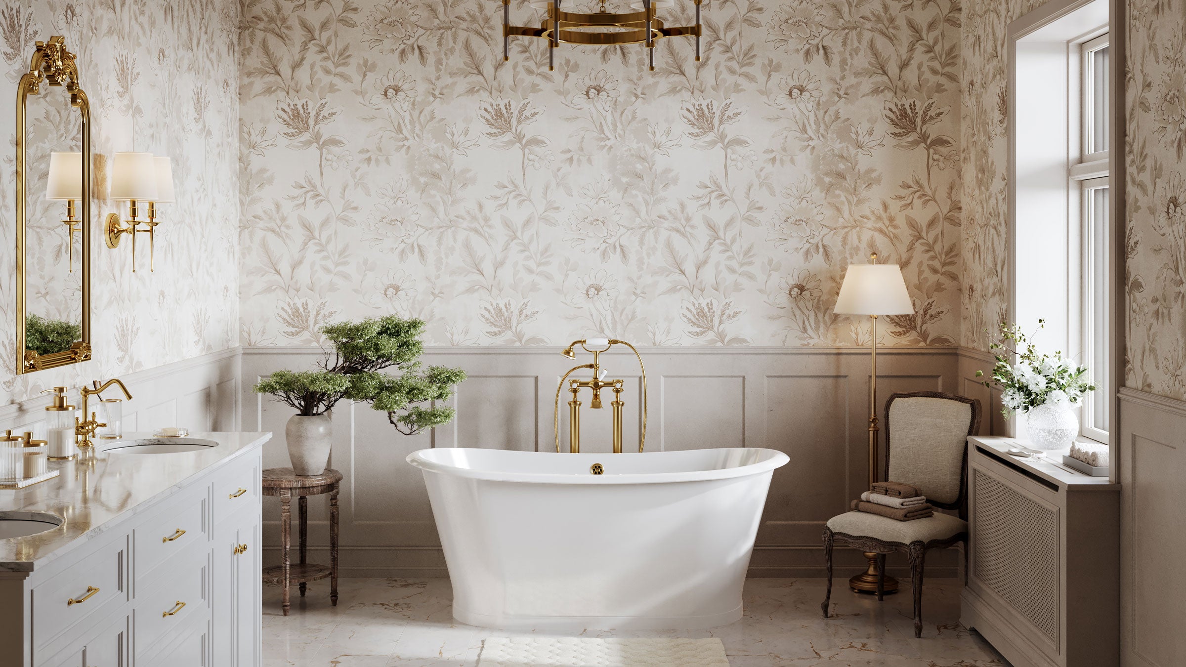 Luxurious bathroom with freestanding bathtub, floral wallpaper, and decorative elements.