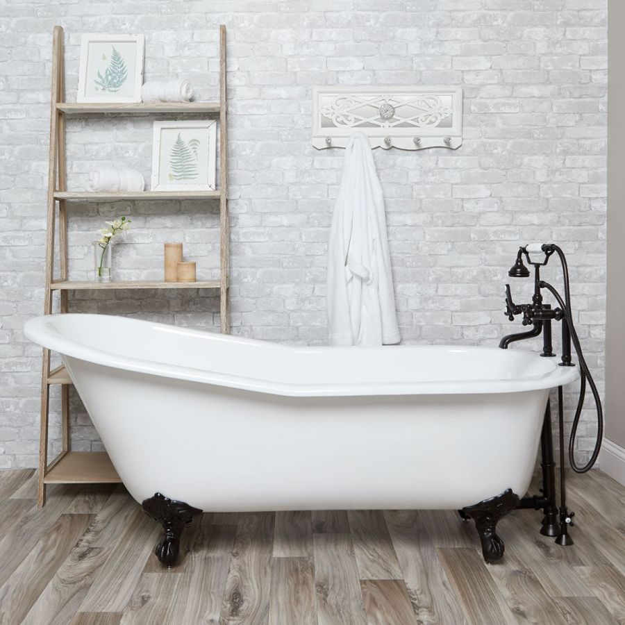 Finn 54 Inch Cast Iron Slipper Clawfoot Bathtub – Rim Faucet Drillings – Oil Rubbed Bronze Feet | Alternative Image 01 | length:54 | faucet centers:7" Tub Rim | foot finish:Oil Rubbed Bronze
