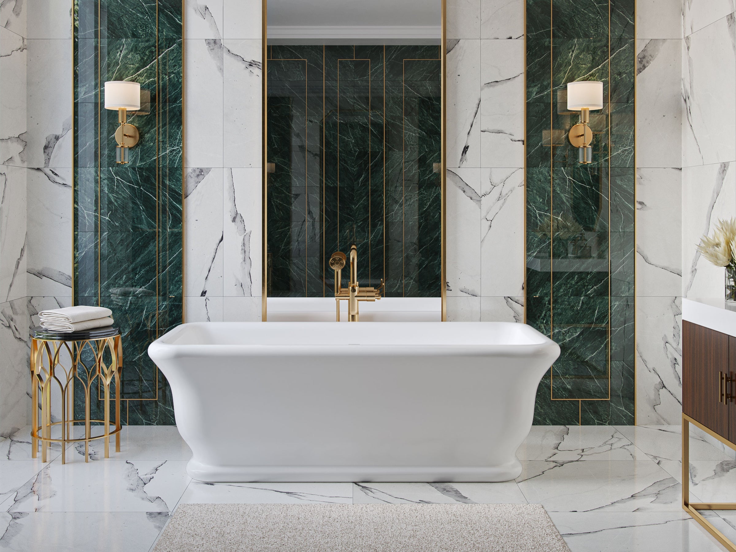 Modern bathroom with freestanding bathtub, marble walls, and gold accents.