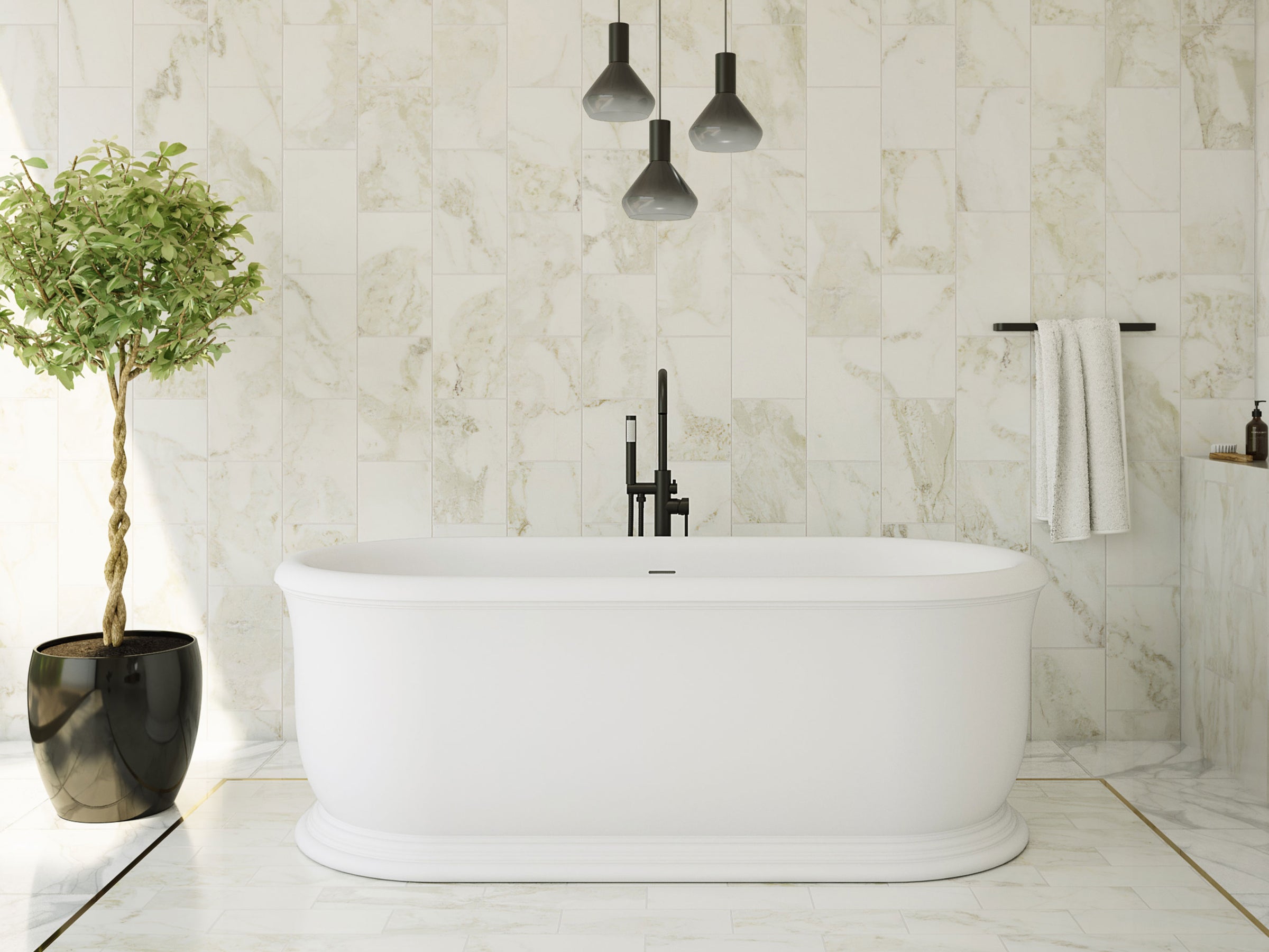 Modern bathroom with a freestanding bathtub, marble walls, and decorative elements.