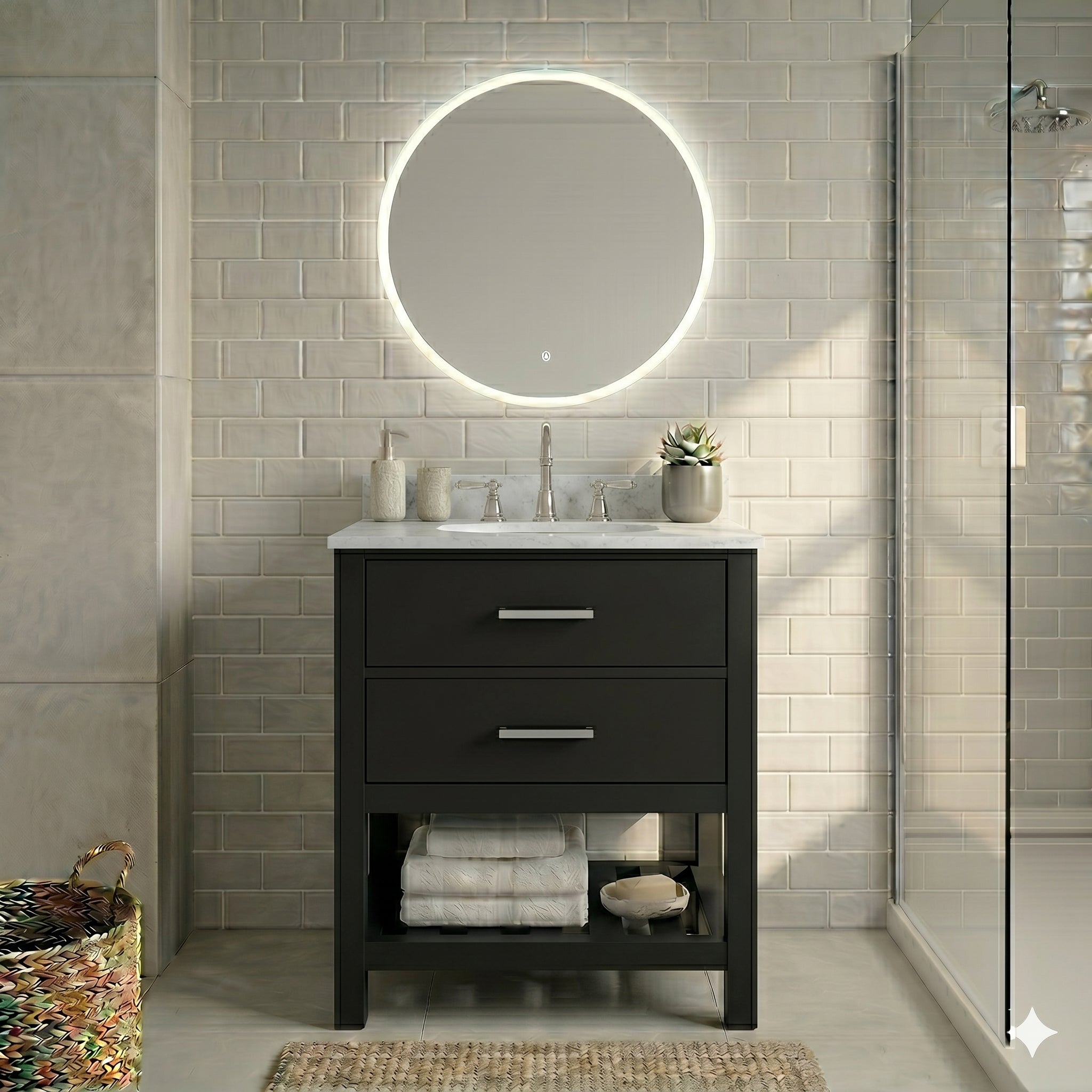 Holden 24 Inch Birch and Oak Console Vanity-Black-White Carrara Marble / Oval Sink | Alternative Image 01 | countertop finish:White Carrera Marble | sink installation type:Oval Undermount | faucet centers:8"
