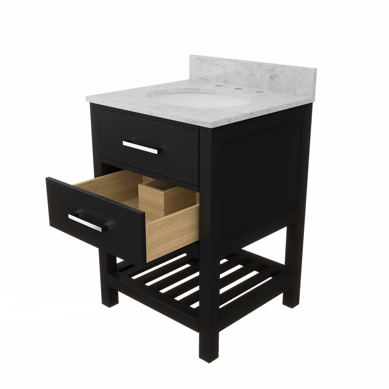 Holden 24 Inch Birch and Oak Console Vanity-Black-White Carrara Marble / Oval Sink | Alternative Image 07 | countertop finish:White Carrera Marble | sink installation type:Oval Undermount | faucet centers:8"