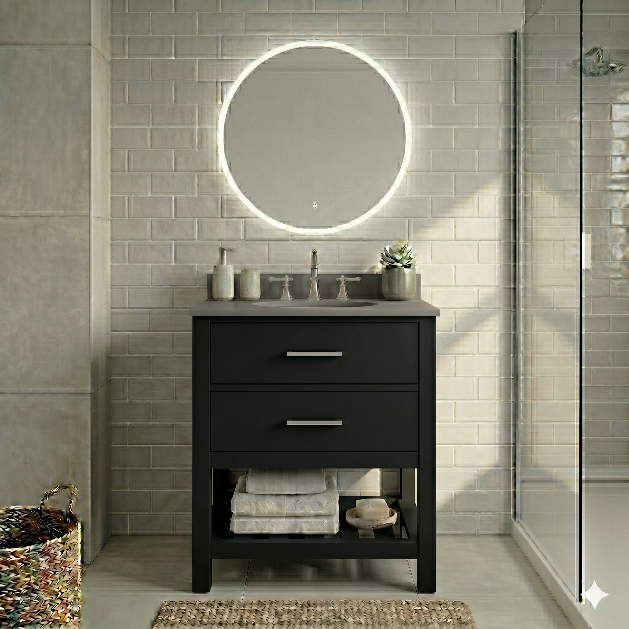 Holden 24 Inch Birch and Oak Console Vanity-Black-Ash Gray Solid Surface / Integral Oval Sink | Alternative Image 01 | countertop finish:Concrete Gray | sink installation type:Oval Integral | faucet centers:Variable