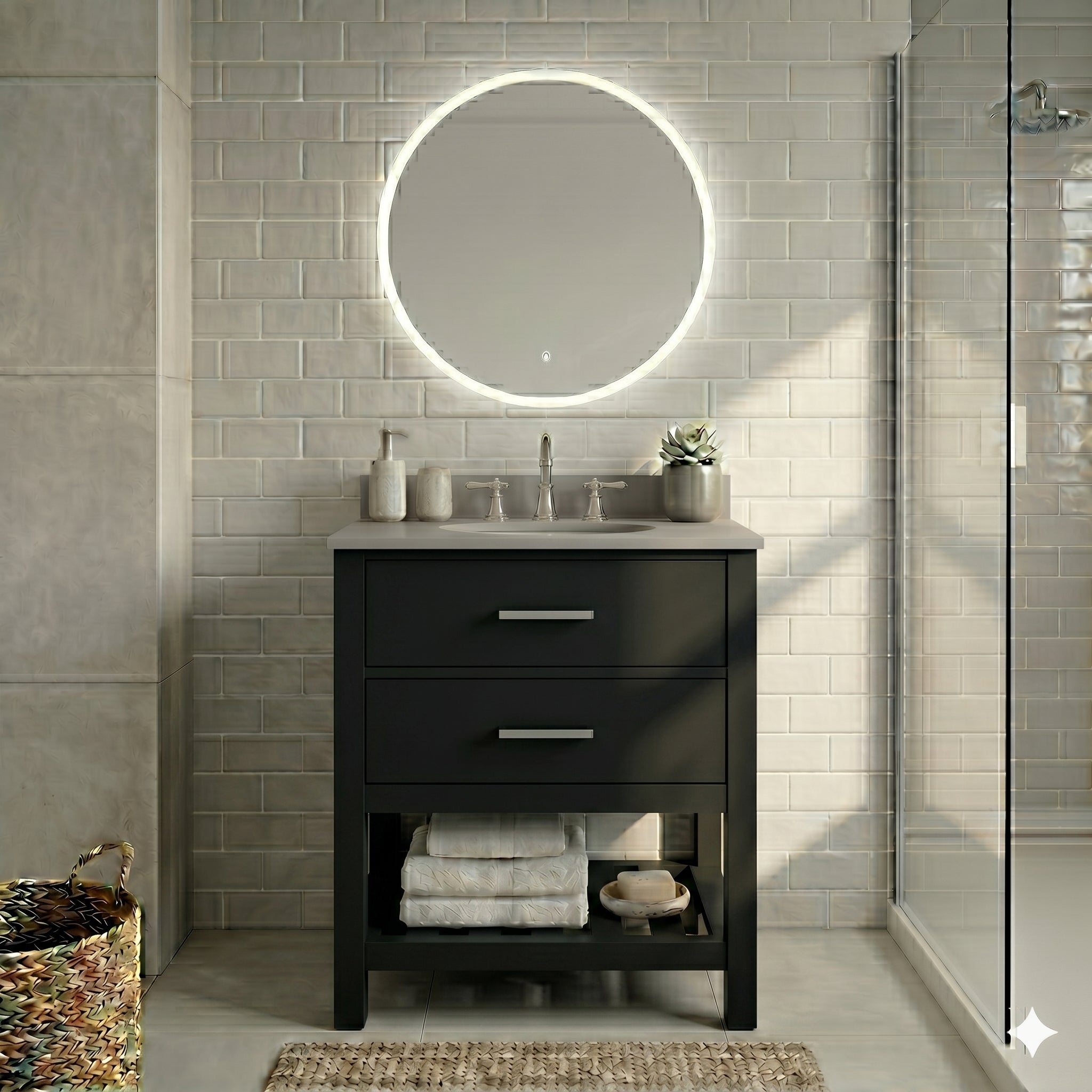 Holden 24 Inch Birch and Oak Console Vanity-Black-White Birch Solid Surface / Integral Oval Sink | Alternative Image 01 | countertop finish:White Birch | sink installation type:Oval Integral | faucet centers:Variable