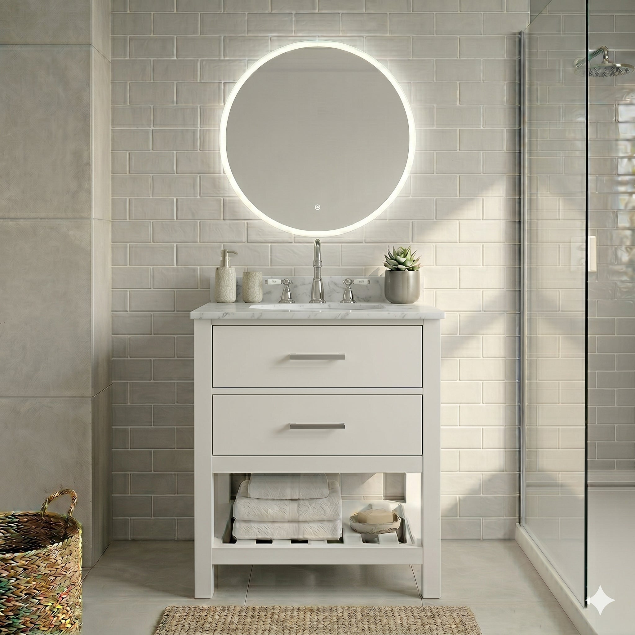 Holden 24 Inch Birch and Oak Console Vanity-White-White Carrara Marble / Oval Sink | Alternative Image 01 | countertop finish:White Carrera Marble | sink installation type:Oval Undermount | faucet centers:8"