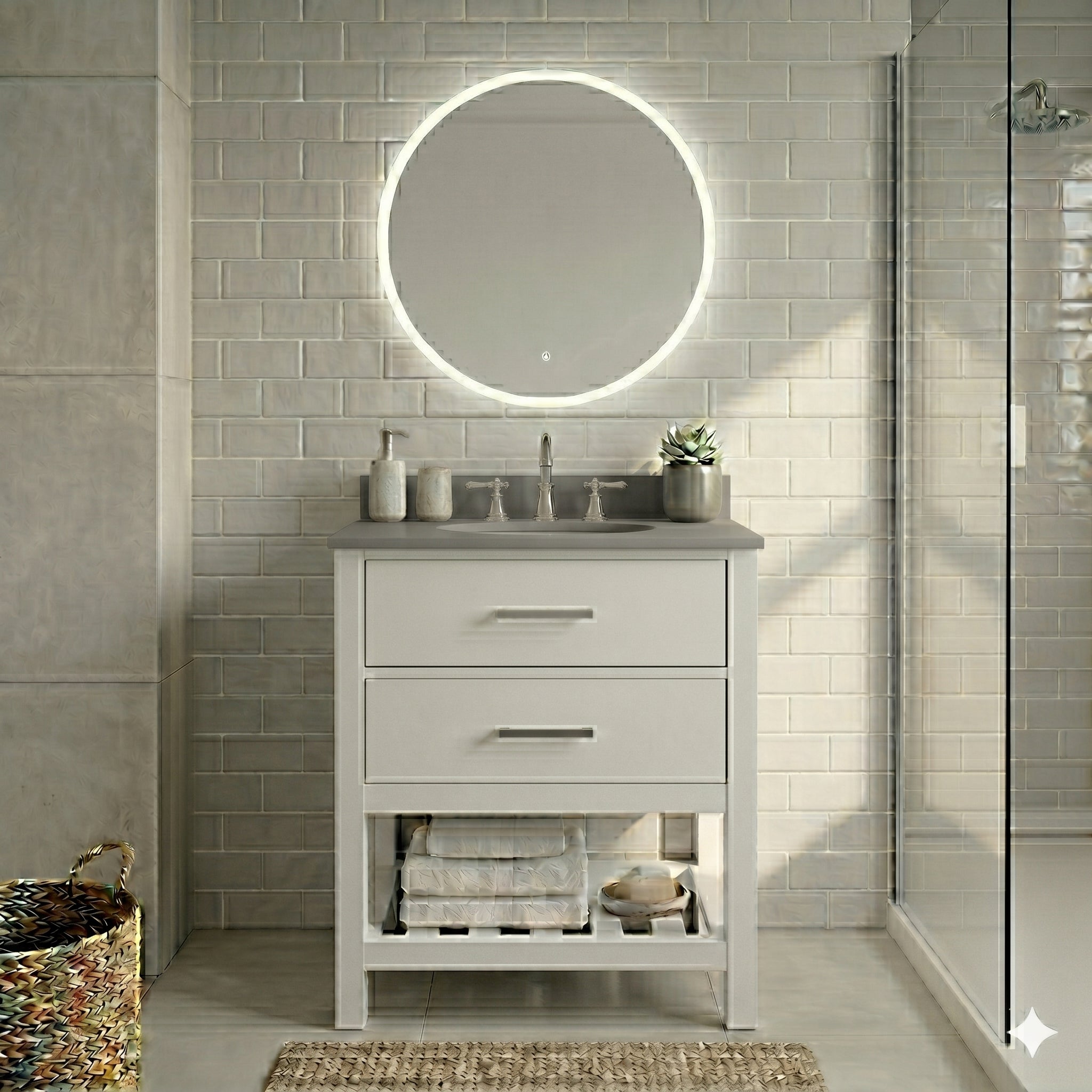 Holden 24 Inch Birch and Oak Console Vanity-White-Ash Gray Solid Surface / Integral Oval Sink | Alternative Image 01 | countertop finish:Concrete Gray | sink installation type:Oval Integral | faucet centers:Variable