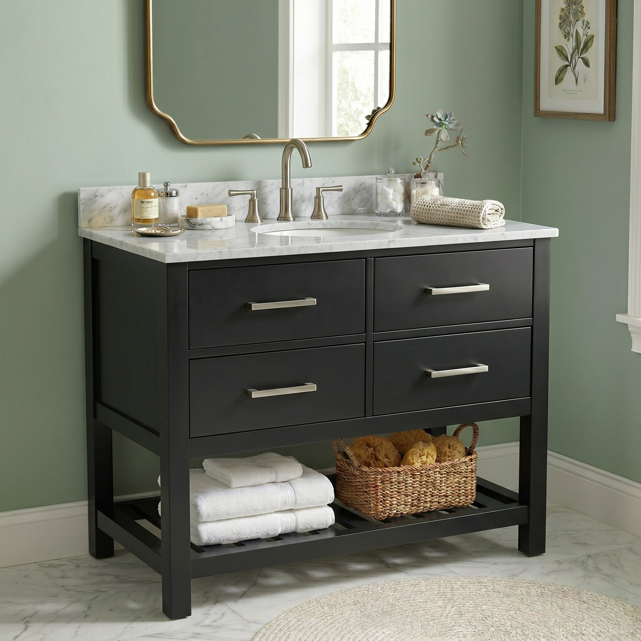 Holden 36 Inch Birch and Oak Console Vanity-Black-White Carrara Marble / Oval Sink | Alternative Image 01 | countertop finish:White Carrera Marble | sink installation type:Oval Undermount | faucet centers:8"