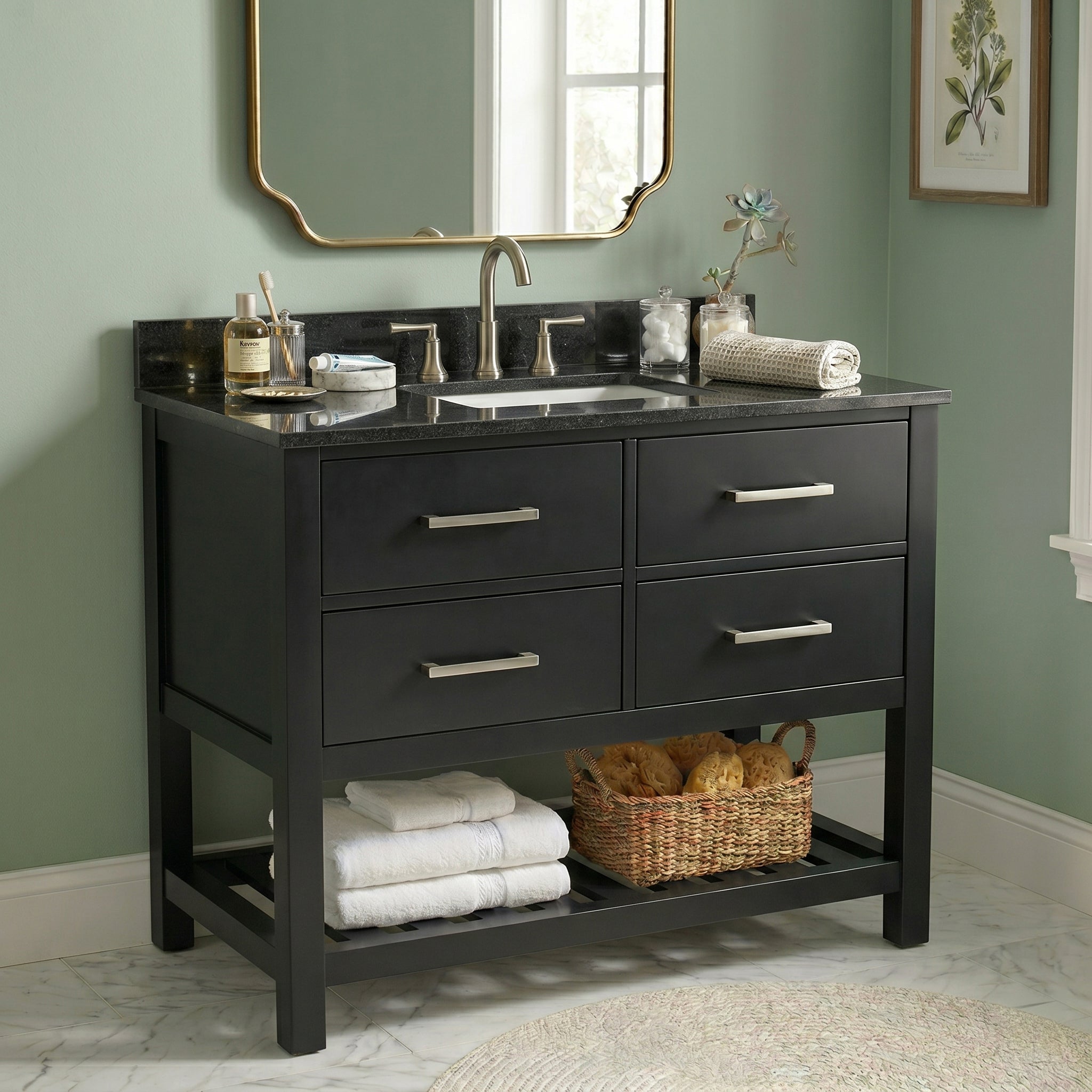 Holden 36 Inch Birch and Oak Console Vanity-Black-Black Granite / Rectangle Sink | Alternative Image 01 | countertop finish:Black Granite | sink installation type:Rectangle Undermount | faucet centers:Variable