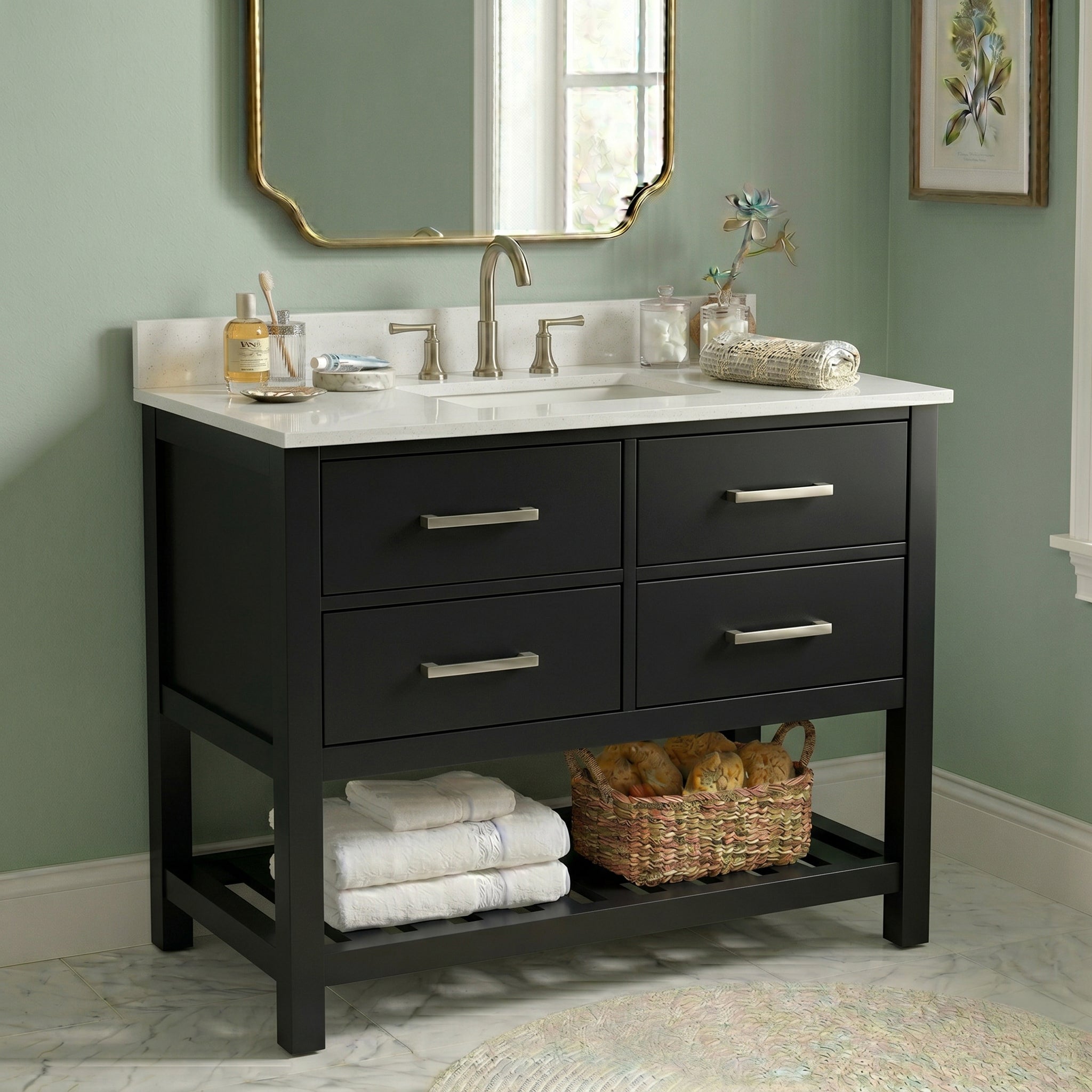 Holden 36 Inch Birch and Oak Console Vanity-Black-White Quartz / Rectangle Sink | Alternative Image 01 | countertop finish:White Quartz | sink installation type:Rectangle Undermount | faucet centers:8"
