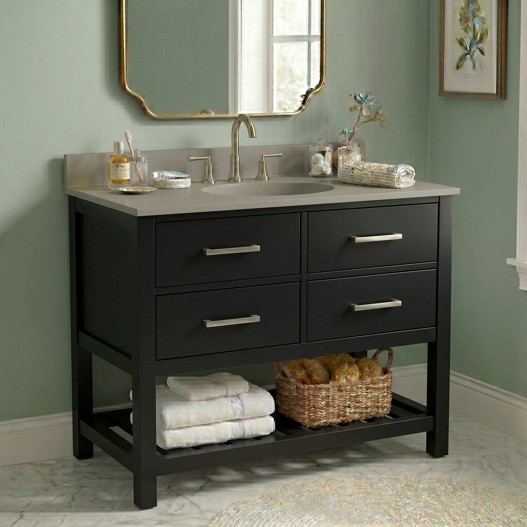 Holden 36 Inch Birch and Oak Console Vanity-Black-Ash Gray Solid Surface / Integral Oval Sink | Alternative Image 01 | countertop finish:Concrete Gray | sink installation type:Oval Integral | faucet centers:Variable