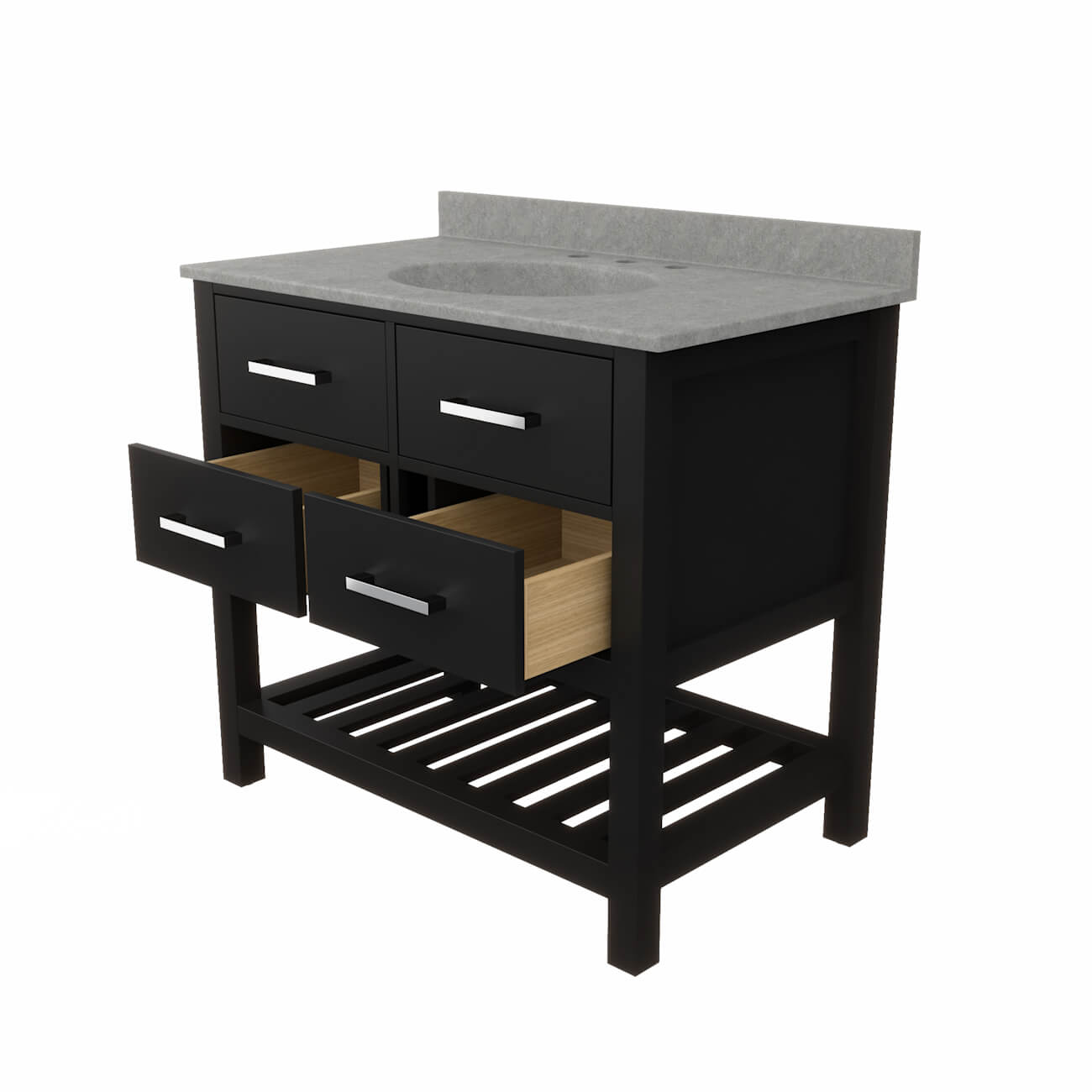 Holden 36 Inch Birch and Oak Console Vanity-Black-Ash Gray Solid Surface / Integral Oval Sink | Alternative Image 07 | countertop finish:Concrete Gray | sink installation type:Oval Integral | faucet centers:Variable