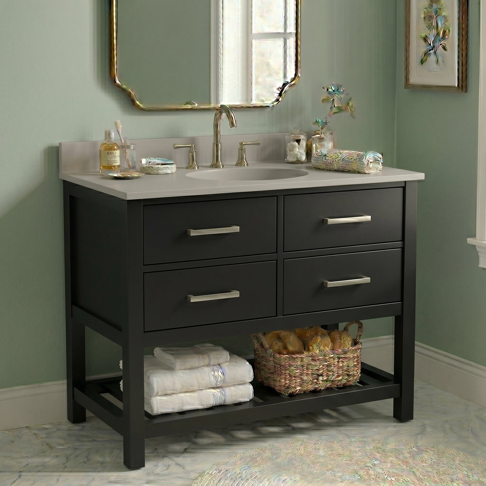 Holden 36 Inch Birch and Oak Console Vanity-Black-White Birch Solid Surface / Integral Oval Sink | Alternative Image 01 | countertop finish:White Birch | sink installation type:Oval Integral | faucet centers:Variable