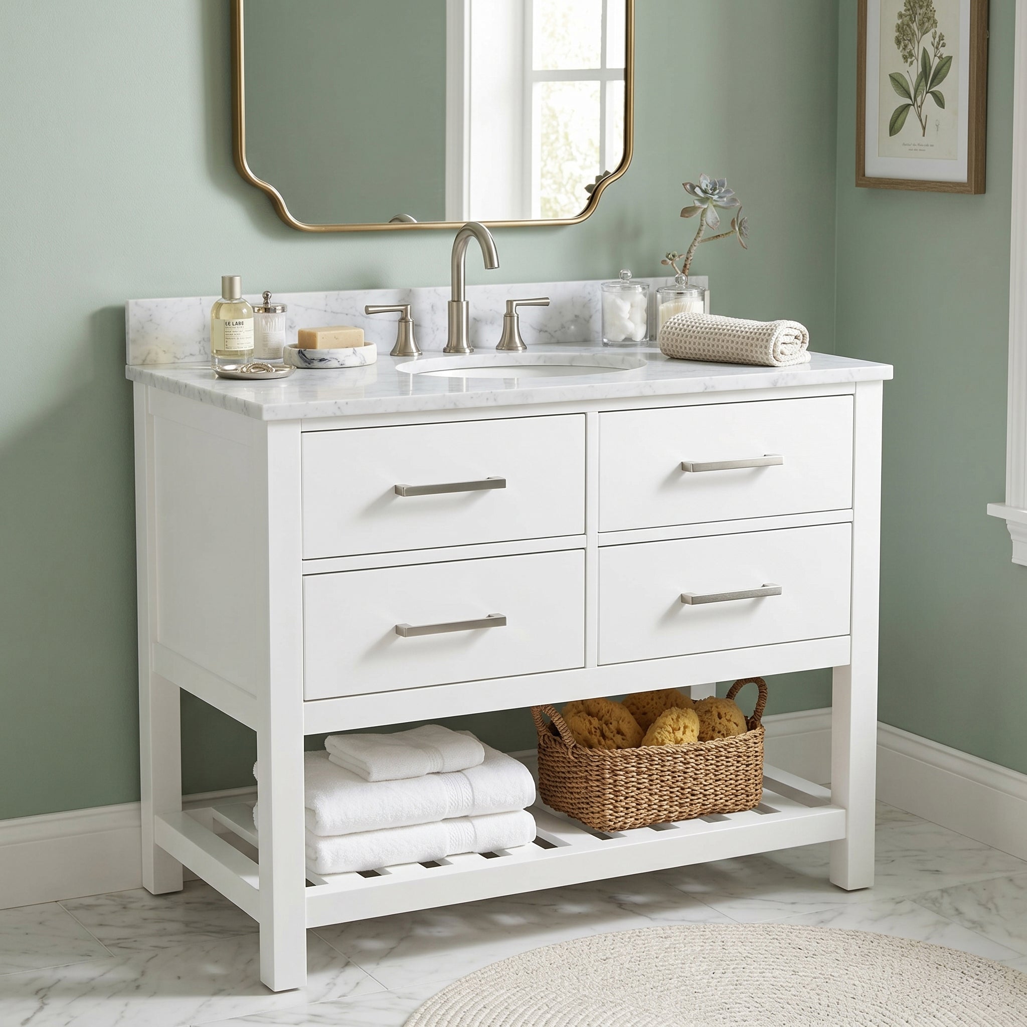 Holden 36 Inch Birch and Oak Console Vanity-White-White Carrara Marble / Oval Sink | Alternative Image 01 | countertop finish:White Carrara Marble | sink installation type:Oval Undermount | faucet centers:8"