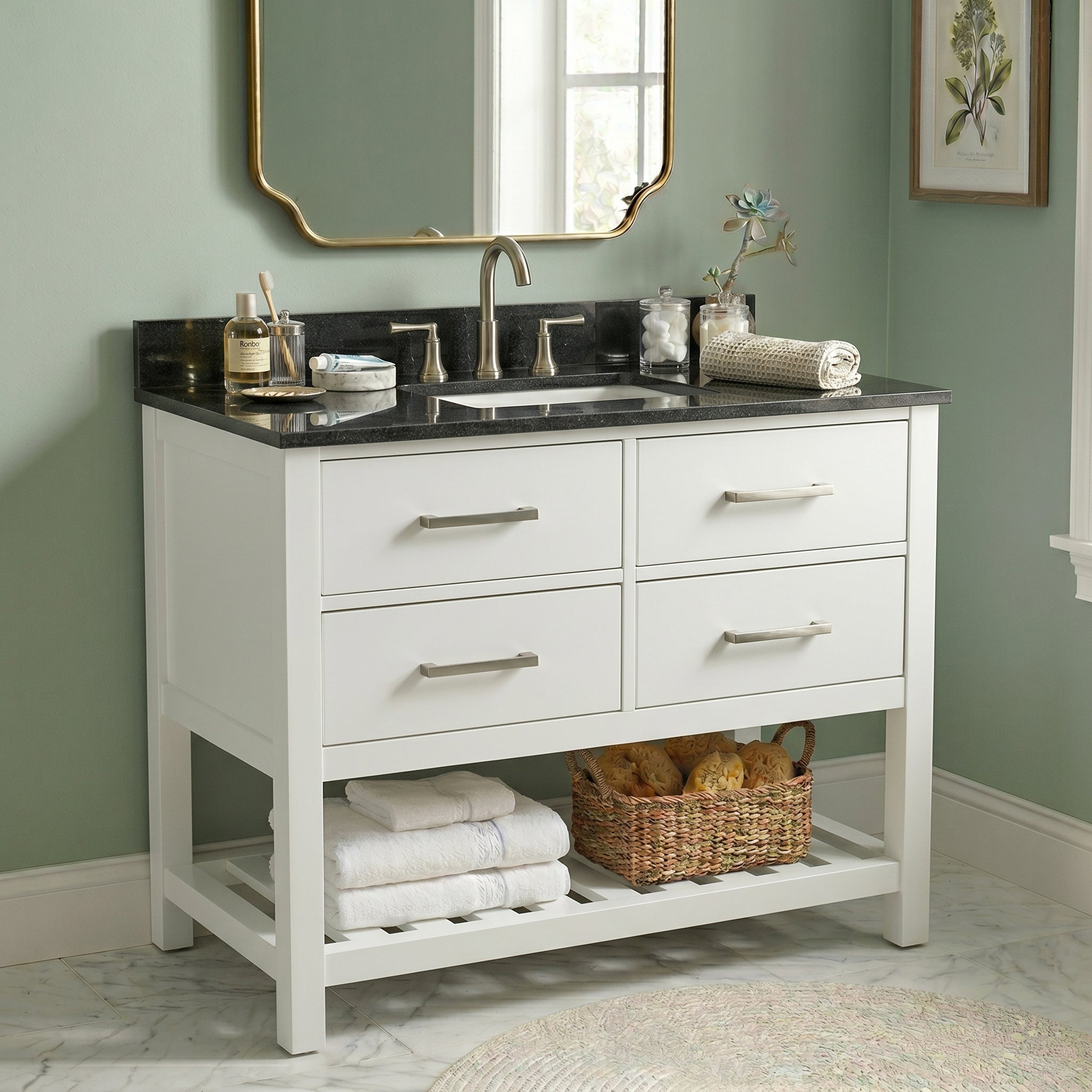 Holden 36 Inch Birch and Oak Console Vanity-White-Black Granite / Rectangle Sink | Alternative Image 01 | countertop finish:Black Granite | sink installation type:Rectangle Undermount | faucet centers:8"