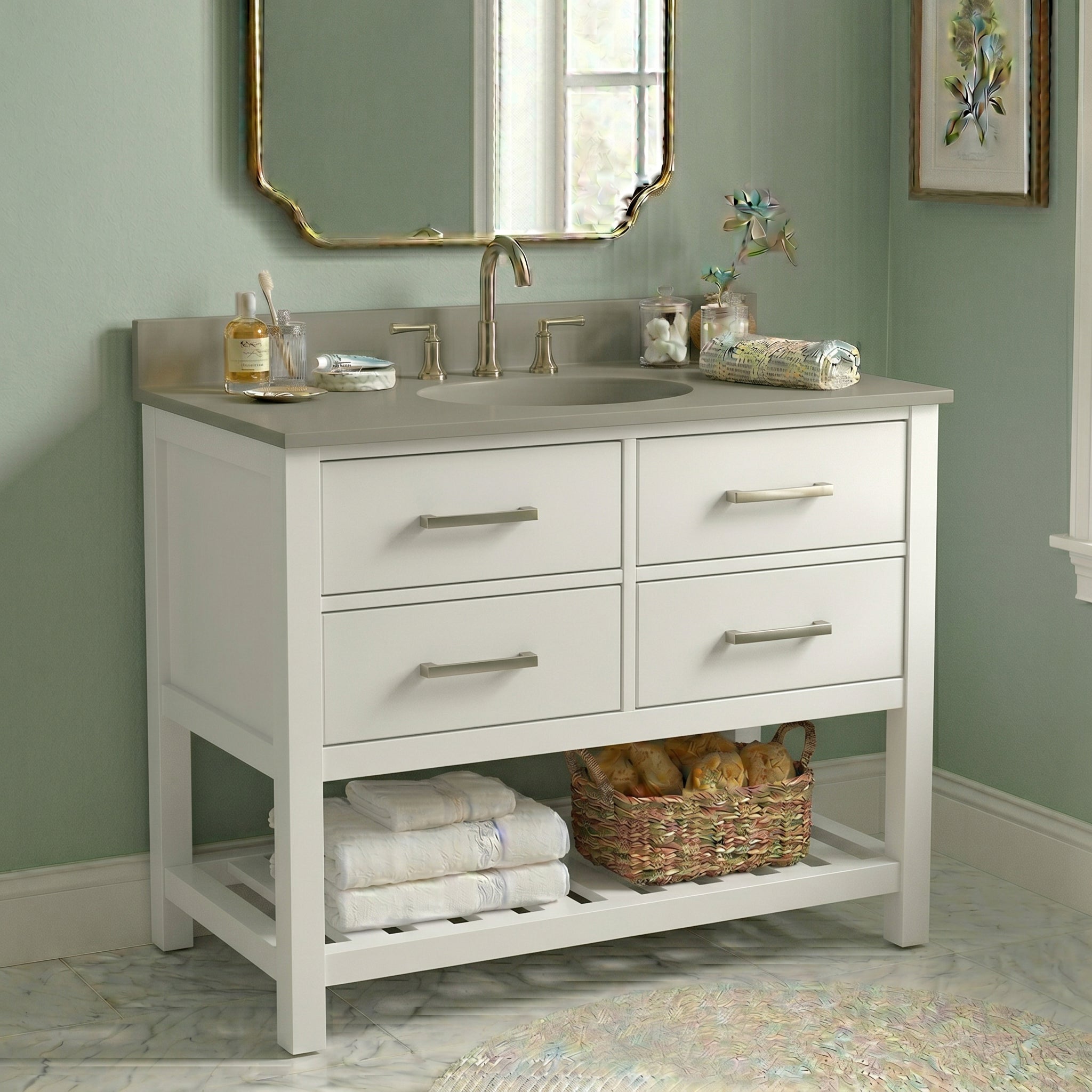 Holden 36 Inch Birch and Oak Console Vanity-White-Ash Gray Solid Surface / Integral Oval Sink | Alternative Image 01 | countertop finish:Concrete Gray | sink installation type:Oval Integral | faucet centers:Variable