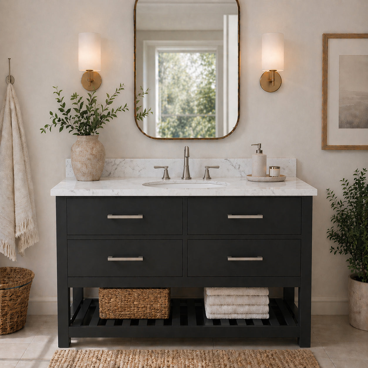 Holden 48 Inch Birch and Oak Console Vanity-Black-White Carrara Marble / Oval Sink | Alternative Image 01 | countertop finish:White Carrara Marble | sink installation type:Oval Undermount | faucet centers:8"