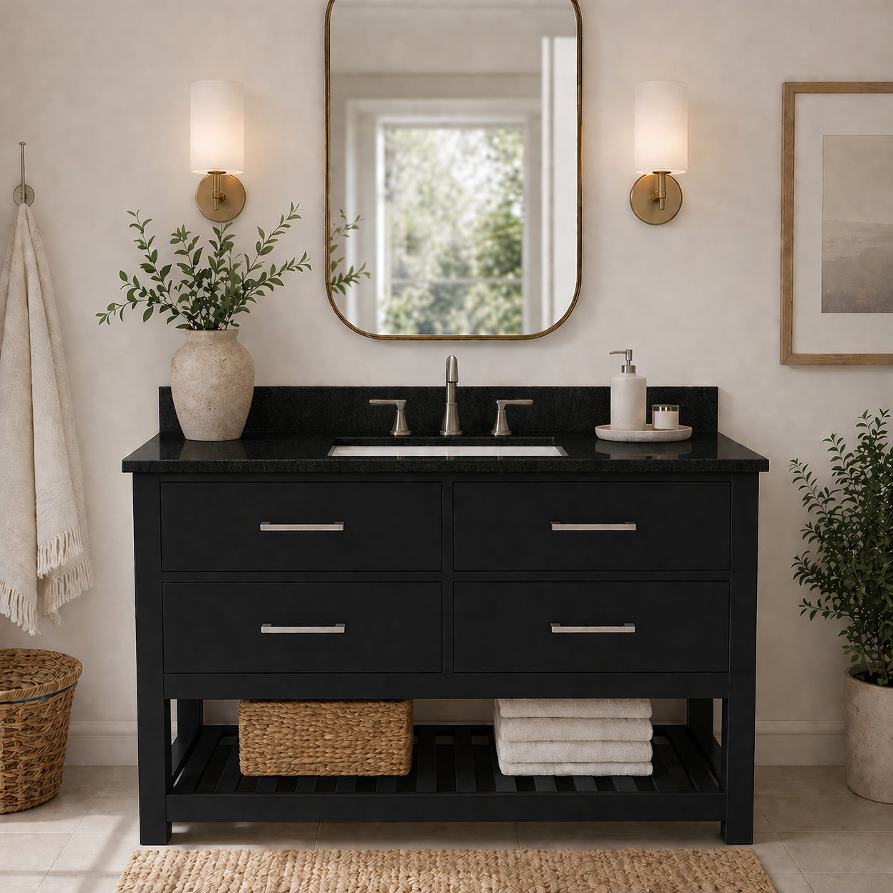 Holden 48 Inch Birch and Oak Console Vanity-Black-Black Granite / Rectangle Sink | Alternative Image 01 | countertop finish:Black Granite | sink installation type:Rectangle Undermount | faucet centers:8"