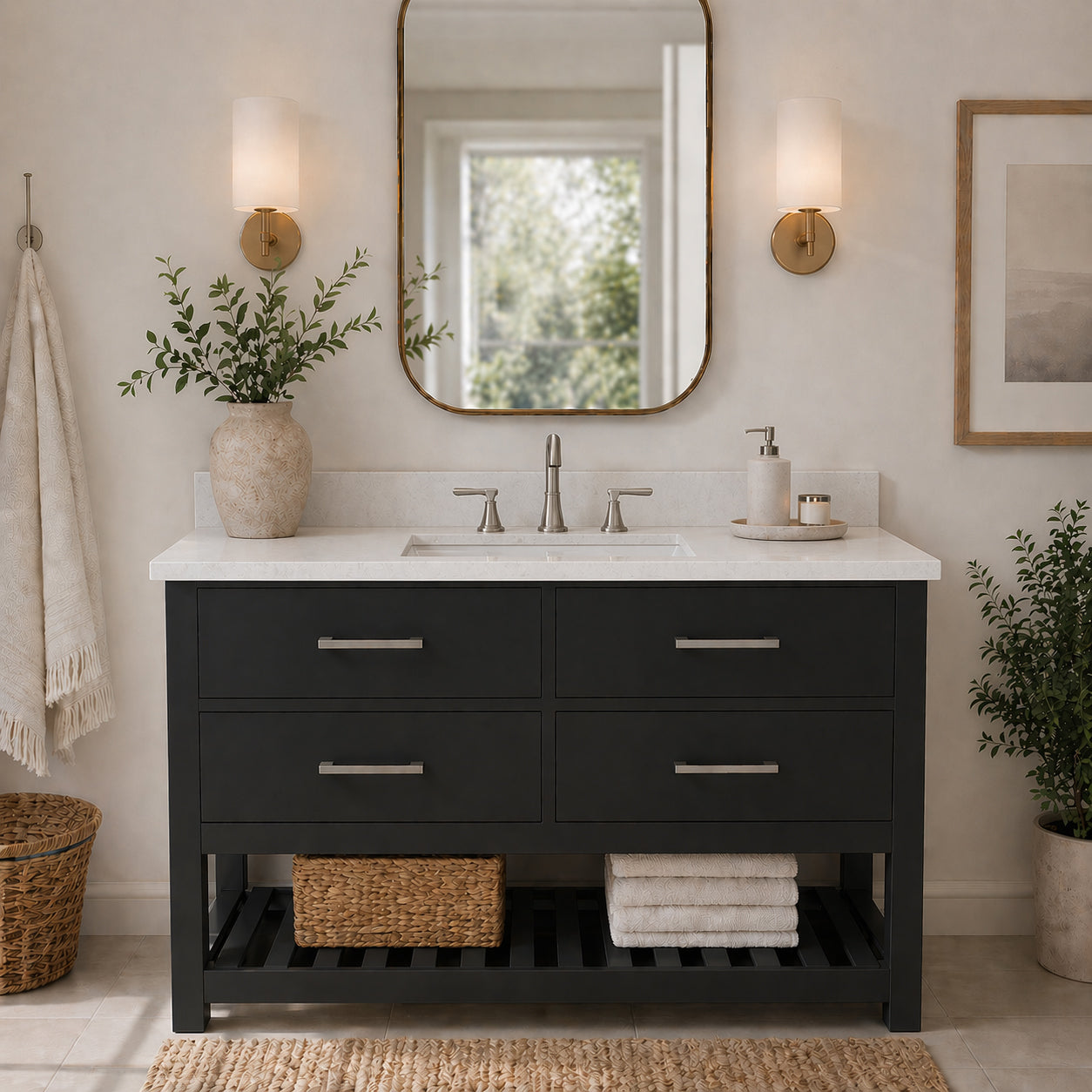 Holden 48 Inch Birch and Oak Console Vanity-Black-White Quartz / Rectangle Sink | Alternative Image 01 | countertop finish:White Quartz | sink installation type:Rectangle Undermount | faucet centers:8"