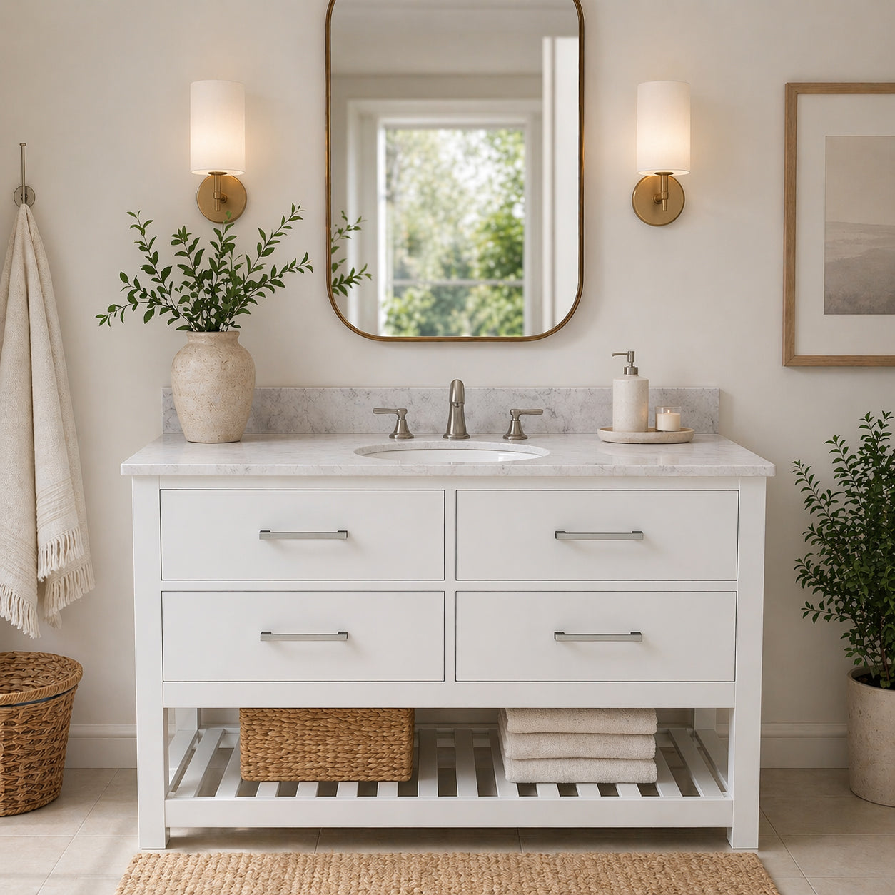 Holden 48 Inch Birch and Oak Console Vanity-White-White Carrara Marble / Oval Sink | Alternative Image 01 | countertop finish:White Carrara Marble | sink installation type:Oval Undermount | faucet centers:8"