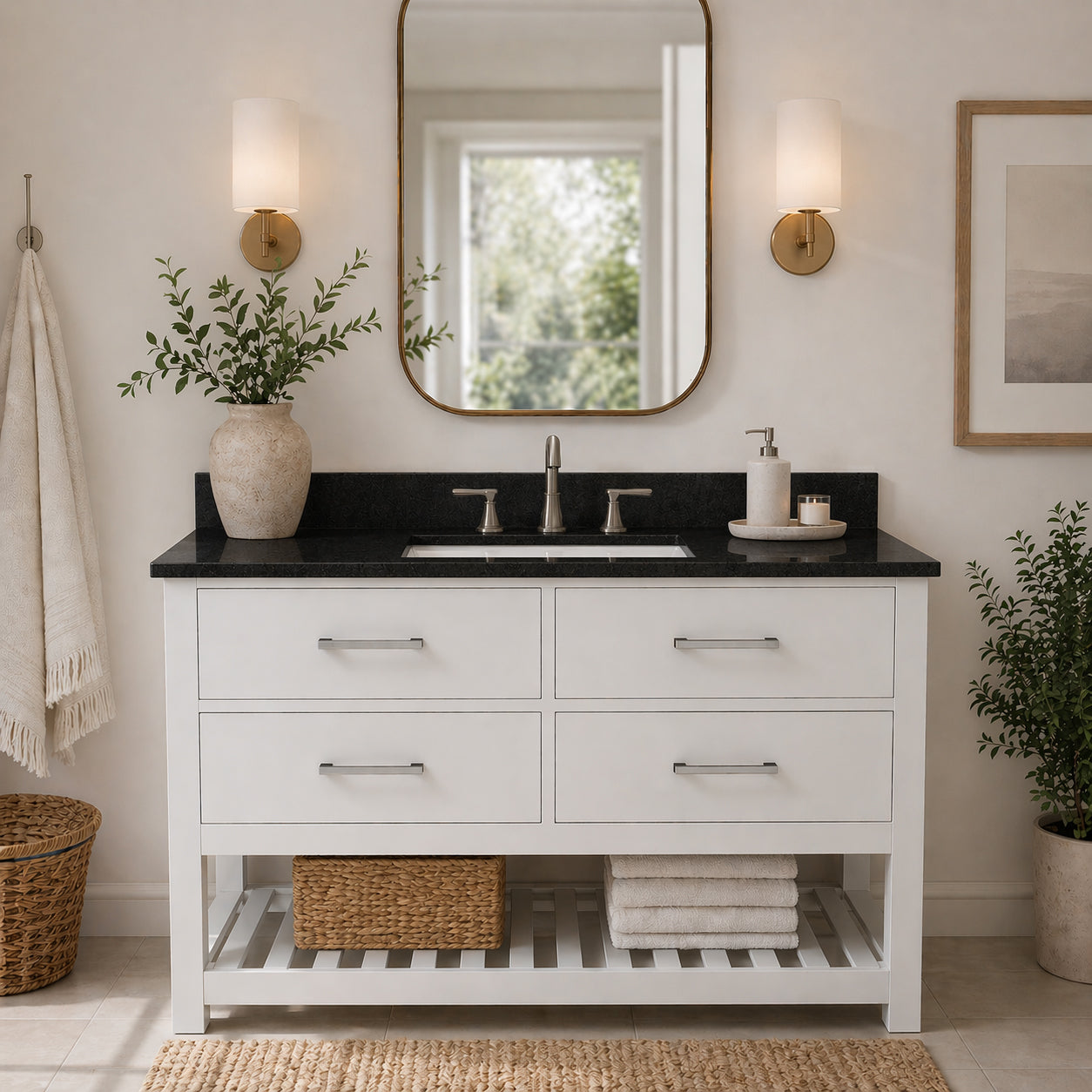 Holden 48 Inch Birch and Oak Console Vanity-White-Black Granite / Rectangle Sink | Alternative Image 01 | countertop finish:Black Granite | sink installation type:Rectangle Undermount | faucet centers:8"