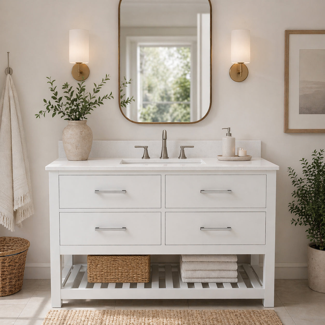 Holden 48 Inch Birch and Oak Console Vanity-White-White Quartz / Rectangle Sink | Alternative Image 01 | countertop finish:White Quartz | sink installation type:Rectangle Undermount | faucet centers:8"