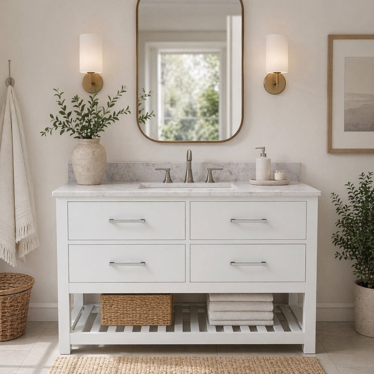 Holden 48 Inch Birch and Oak Console Vanity-White-White Carrara Marble / Rectangle Sink | Alternative Image 01 | countertop finish:White Carrera Marble | sink installation type:Rectangle Undermount | faucet centers:8"