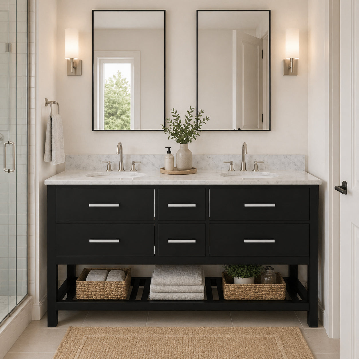 Holden 60 Inch Birch and Oak Console Vanity | Alternative Image 01 | countertop finish:White Carrara Marble | sink installation type:Oval Undermount | faucet centers:8"