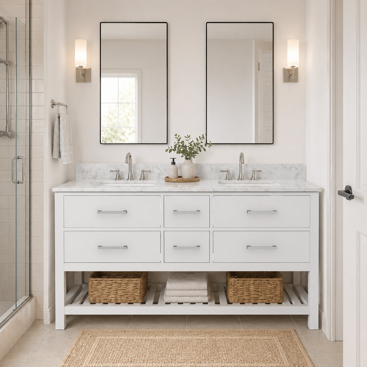Holden 60 Inch Birch and Oak Console Vanity | Alternative Image 01 | countertop finish:White Carrara Marble | sink installation type:Rectangle Undermount | faucet centers:8"