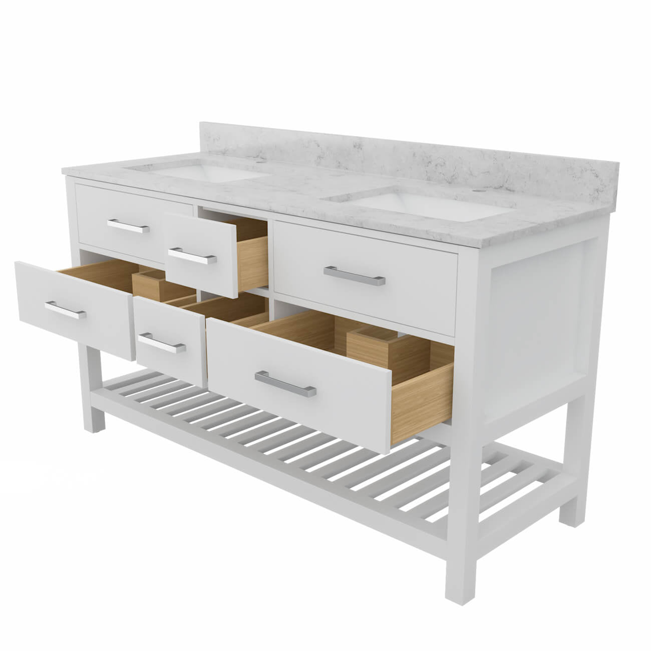 Holden 60 Inch Birch and Oak Console Vanity | Alternative Image 07 | countertop finish:White Carrara Marble | sink installation type:Rectangle Undermount | faucet centers:8"