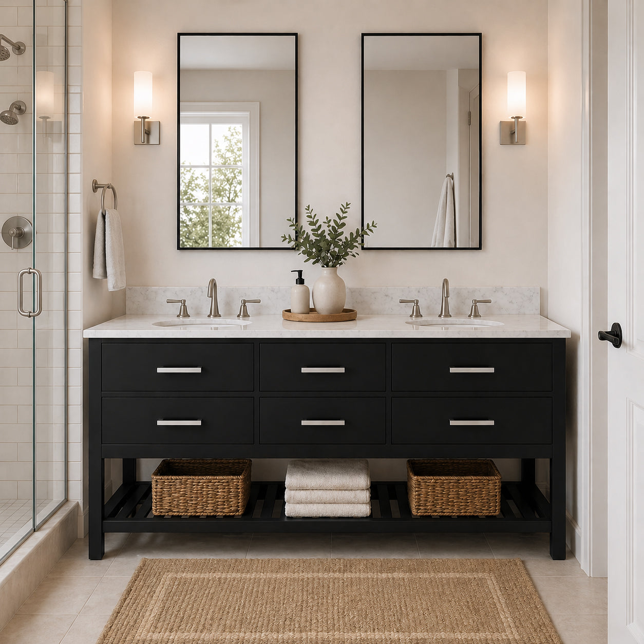 Holden 72 Inch Birch and Oak Console Vanity-Black-White Carrara Marble / Oval Sink | Alternative Image 01 | countertop finish:White Carrara Marble | sink installation type:Oval Undermount | faucet centers:8"