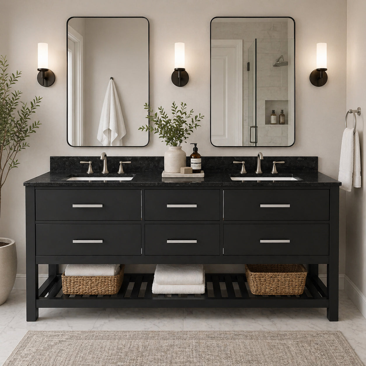 Holden 72 Inch Birch and Oak Console Vanity-Black-Black Granite / Rectangle Sink | Alternative Image 01 | countertop finish:Black Granite | sink installation type:Rectangle Undermount | faucet centers:8"