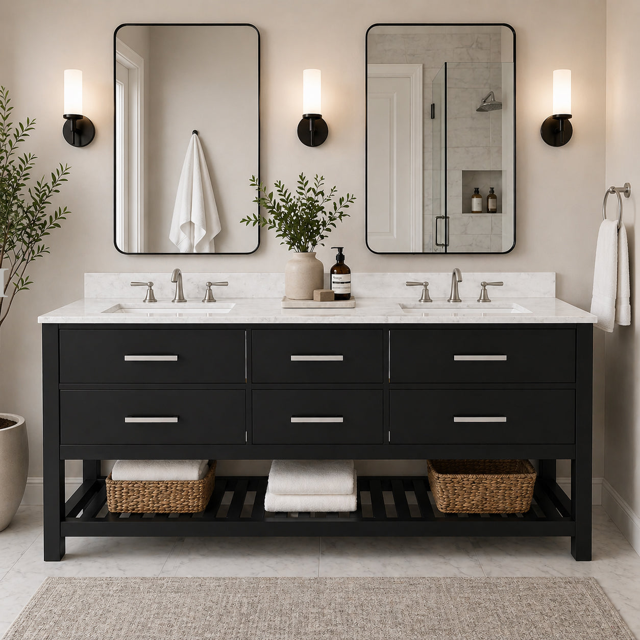 Holden 72 Inch Birch and Oak Console Vanity-Black-White Quartz / Rectangle Sink | Alternative Image 01 | countertop finish:White Quartz | sink installation type:Rectangle Undermount | faucet centers:8"