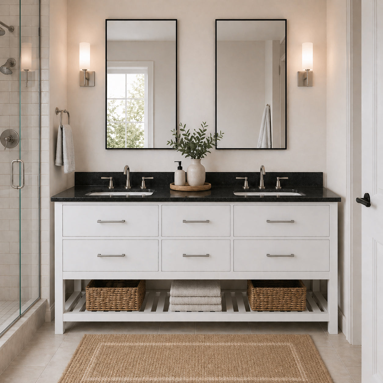Holden 72 Inch Birch and Oak Console Vanity-White-Black Granite / Rectangle Sink | Alternative Image 01 | countertop finish:Black Granite | sink installation type:Rectangle Undermount | faucet centers:8"