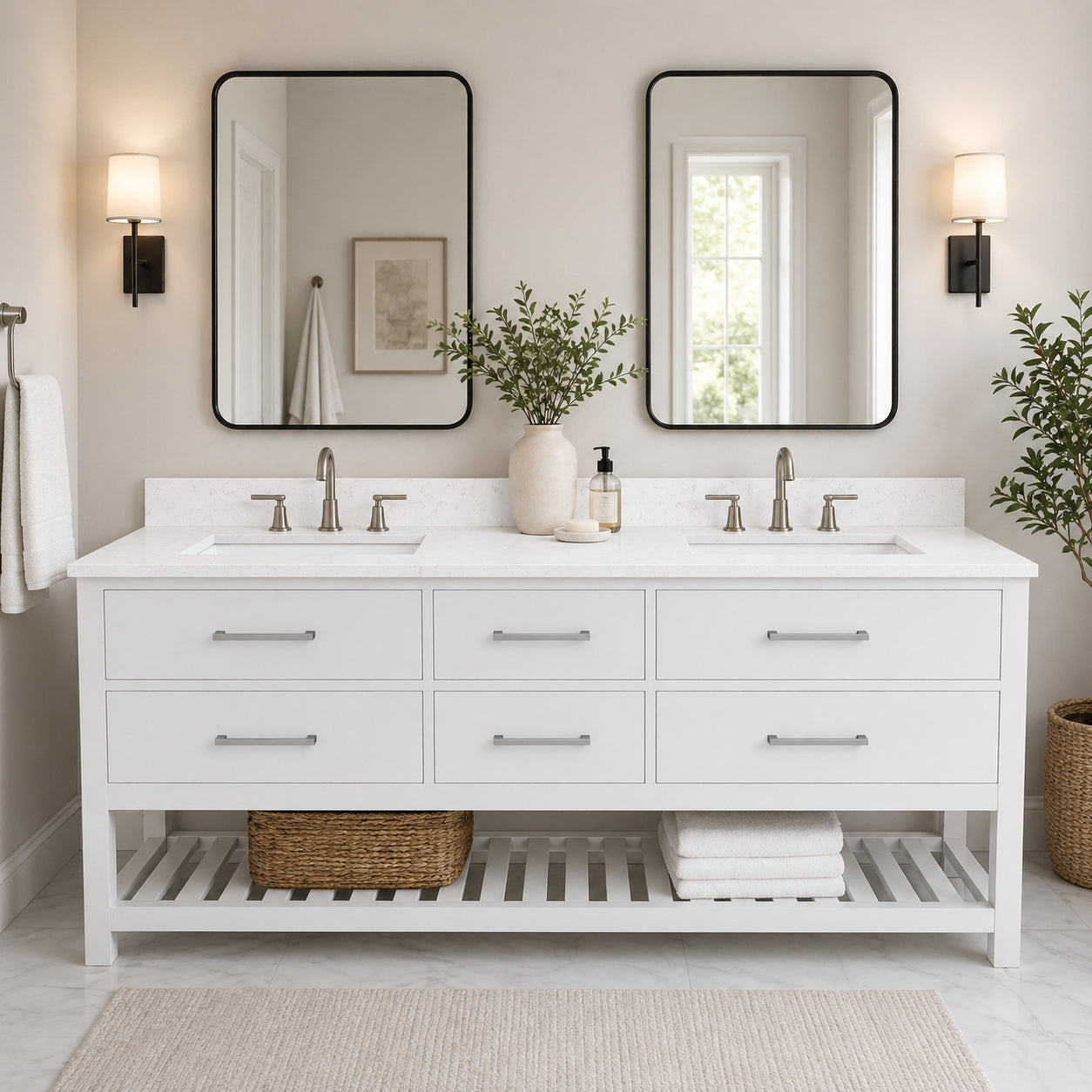 Holden 72 Inch Birch and Oak Console Vanity-White-White Quartz / Rectangle Sink | Alternative Image 01 | countertop finish:White Quartz | sink installation type:Rectangle Undermount | faucet centers:8"