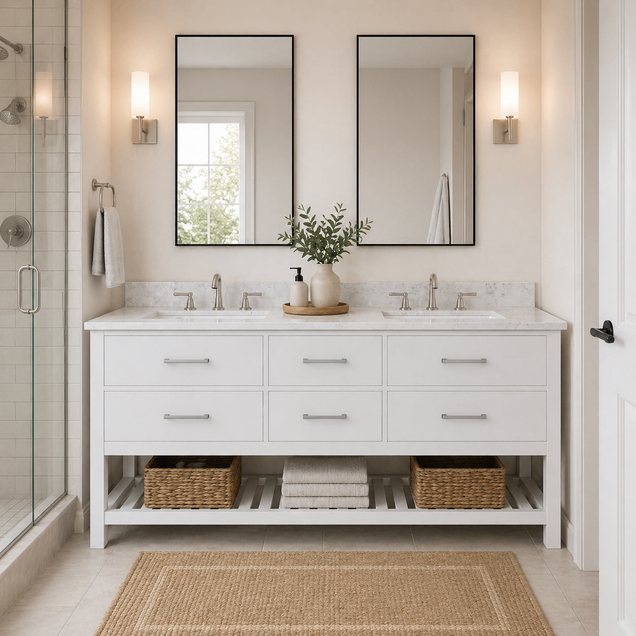 Holden 72 Inch Birch and Oak Console Vanity-White-White Carrara Marble / Rectangle Sink | Alternative Image 01 | countertop finish:White Carrera Marble | sink installation type:Rectangle Undermount | faucet centers:8"