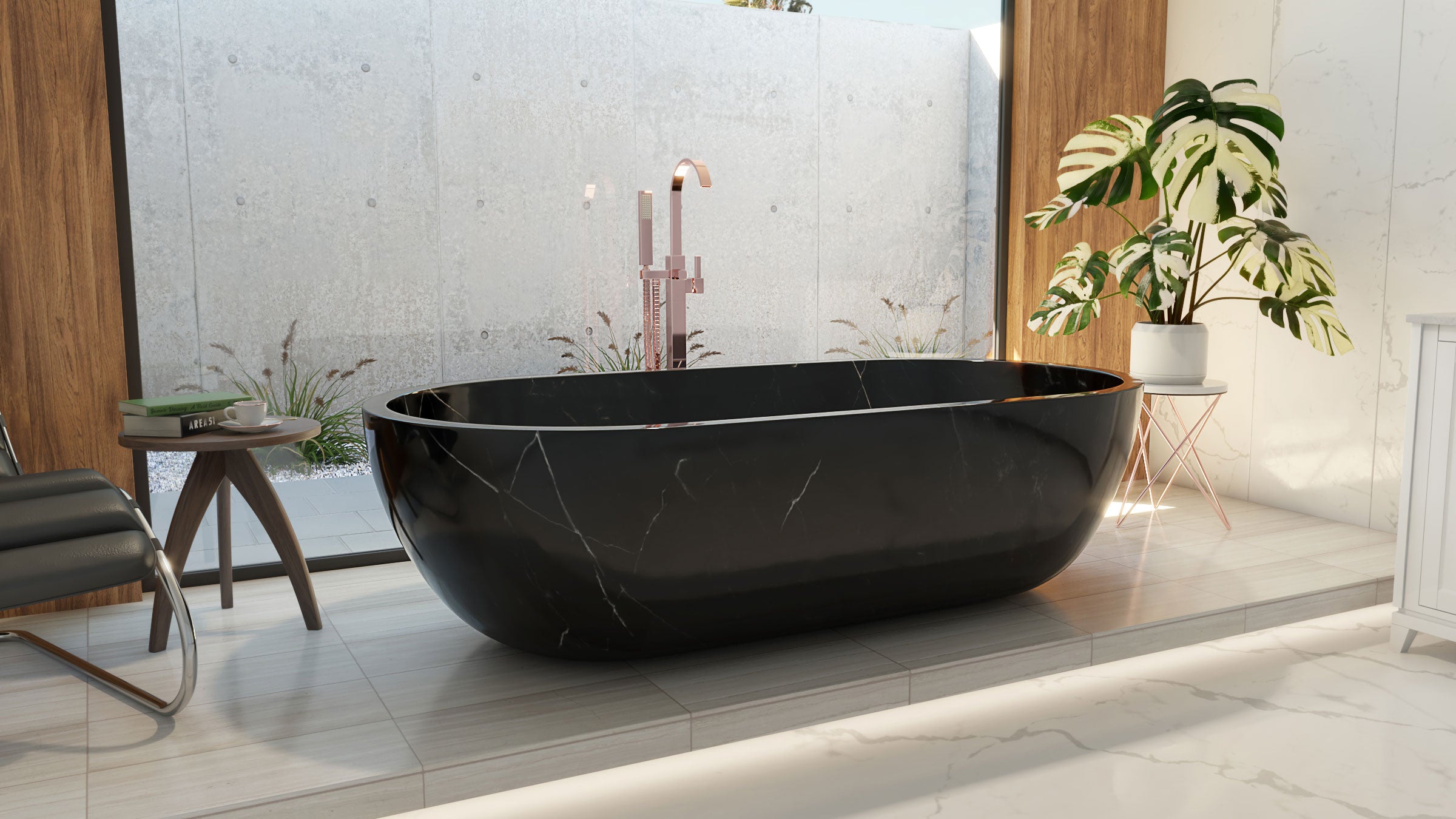 Black freestanding bathtub in a modern bathroom with plants and a chair.